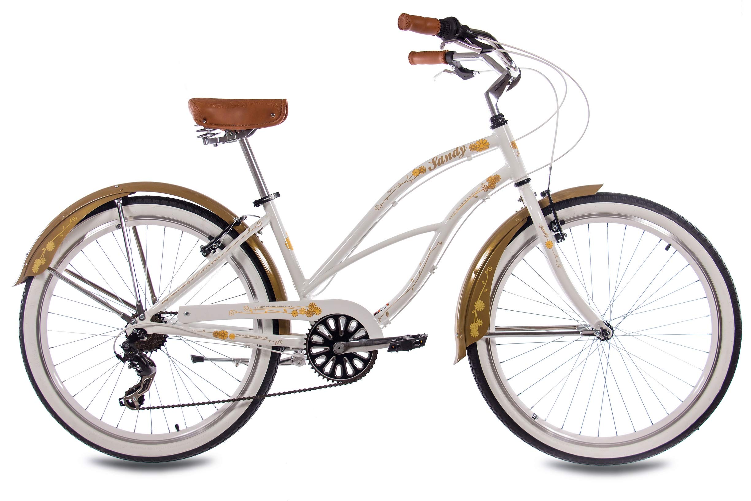 CHRISSON 26 Zoll Beachcruiser Sandy Weiss Gold mit 6 Gang Shimano Tourney Kettenschaltung, Damenfahrrad im Retro Look, Vintage Cruiser Bike