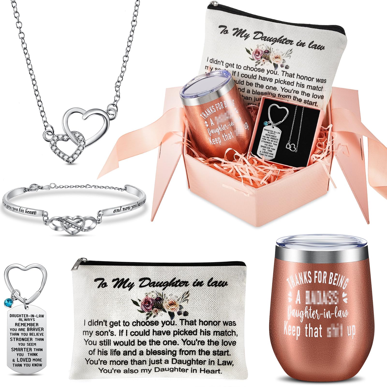 8 Pieces Daughter in Law Gifts Including 12 oz Daughter in Law Mug Waterproof Makeup Bag Heart Shaped Bracelet Double Heart Necklace Keychains 2 Pink Drawers in a Gift Box from Mom Wedding Birthday