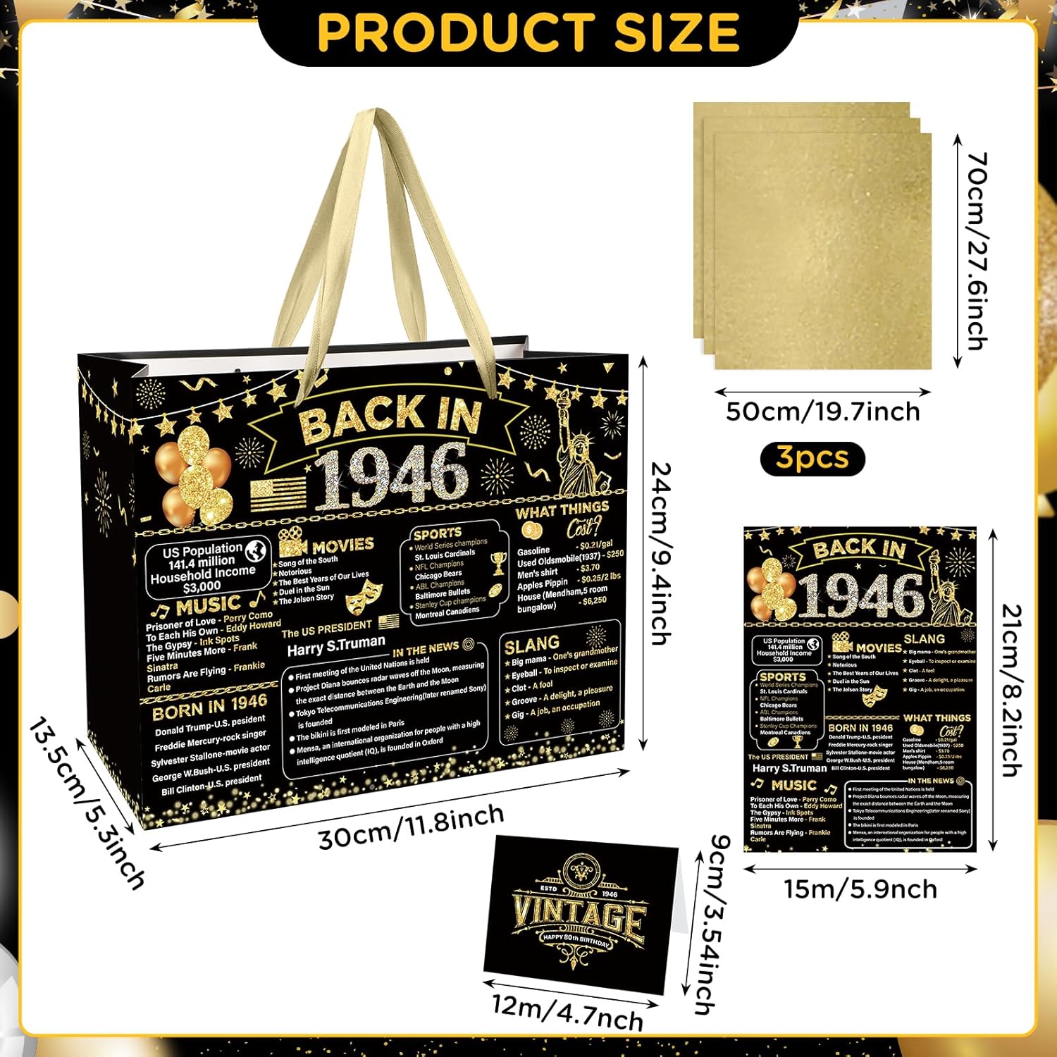 Yoirrat Black Gold 80th Birthday Gifts Bag Vintage 1946 Gift Bags with Greeting Cards 80th Birthday Wrapping Paper Bag for Women Man 80 Year Old Party Supplies - Image 6