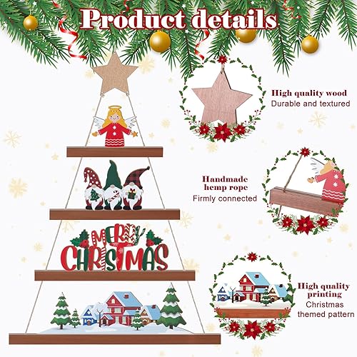 Miniatura 5 de Árbol de Navidad para colgar en la pared con luces, decoración de pared de Navidad de 4 niveles, adorno de Navidad rústico para colgar en la pared,