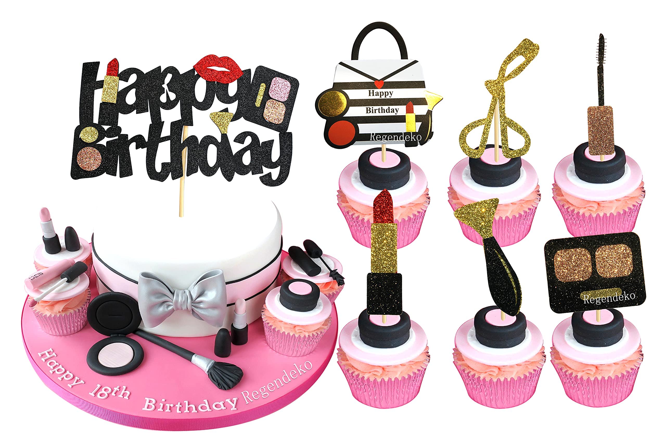 Topper Per Torta Compleanno 8 Pezzi - Decori A Tema Trucco: Rossetti, Pennelli, Mascara - Oro Nero Per Ragazze E Donne - 2