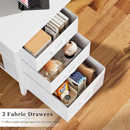 Miniatura 5 de Yapai - Escritorio blanco con cajón de tela, escritorio reversible de 47 pulgadas con archivador para dormitorio, espacio pequeño, oficina en casa,
