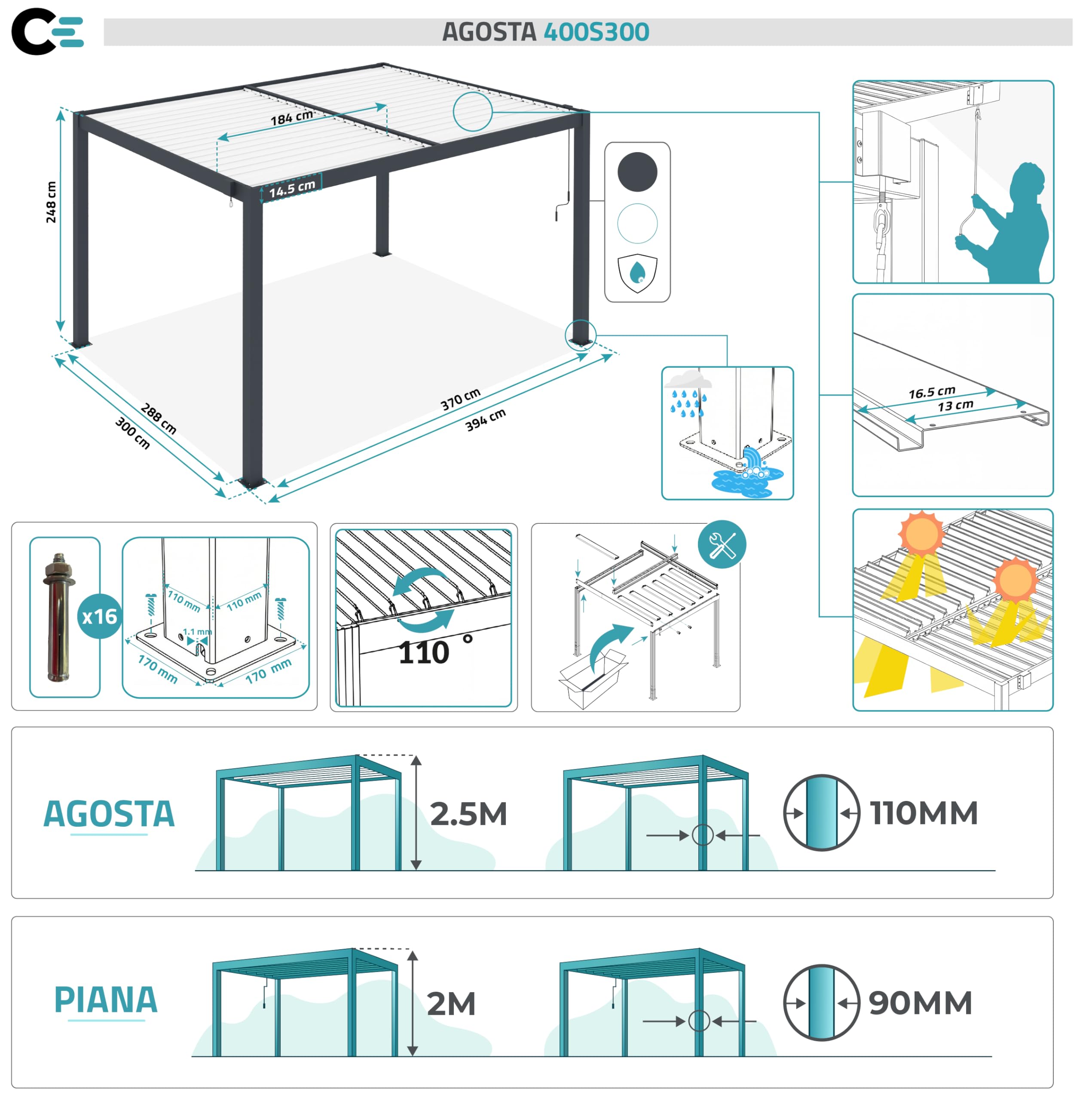 Cazeboo Pergola bioclimatica autoportante AGOSTA 4x3, altezza 250 cm - Alluminio grigio con doghe bianche