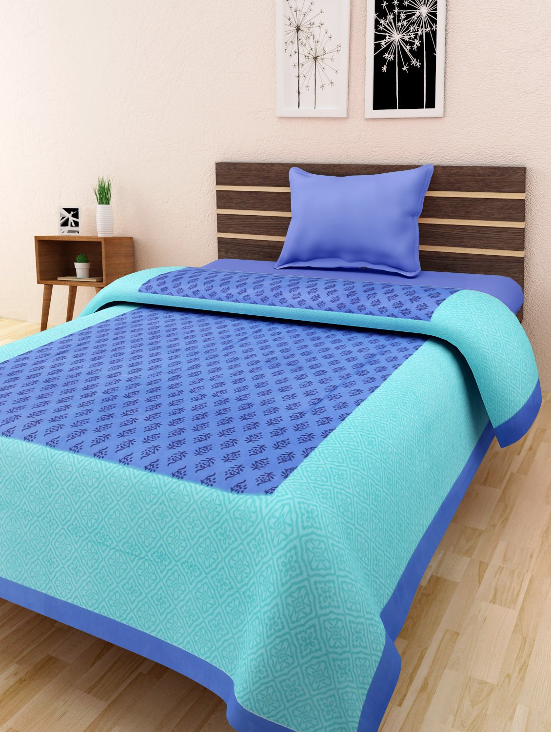 Jaipuri Bedsheets Cotton Single Bedsheet Without Pillow Covers - Blue ( Size :-58X89 Inches)