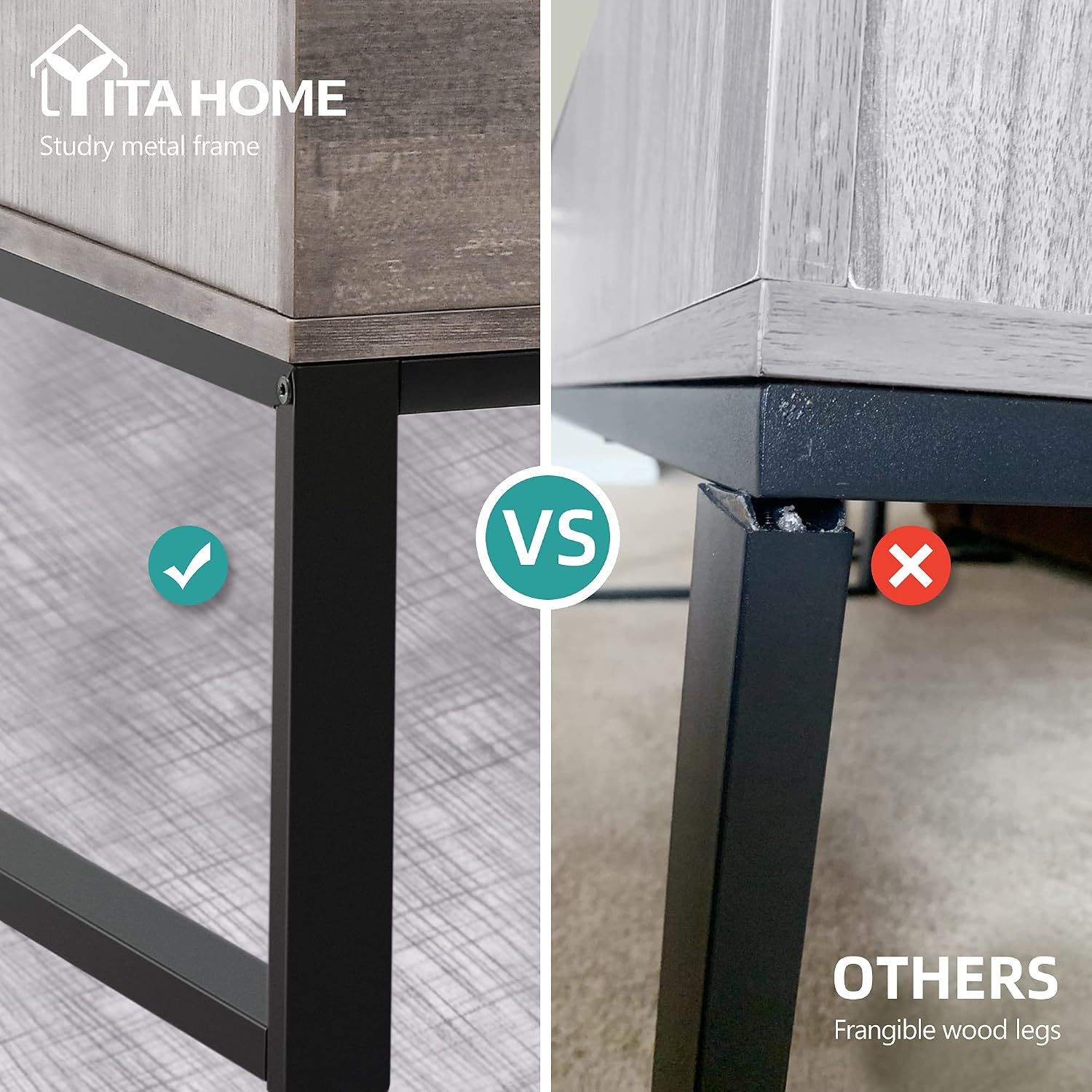 Comparison image showing a sturdy metal frame leg of the YITAHOME table versus a fragile wooden leg of another table.