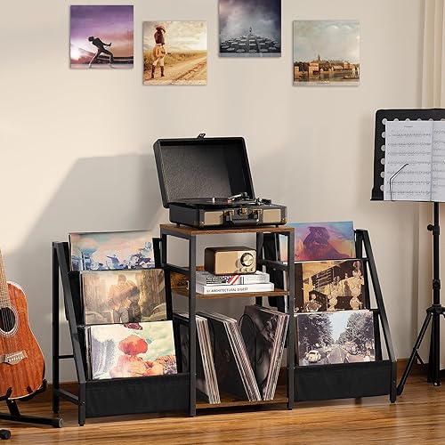 Miniatura 2 de LELELINKY Soporte para tocadiscos con almacenamiento de vinilo, soporte para tocadiscos de 3 niveles con estante de exhibición de almacenamiento de