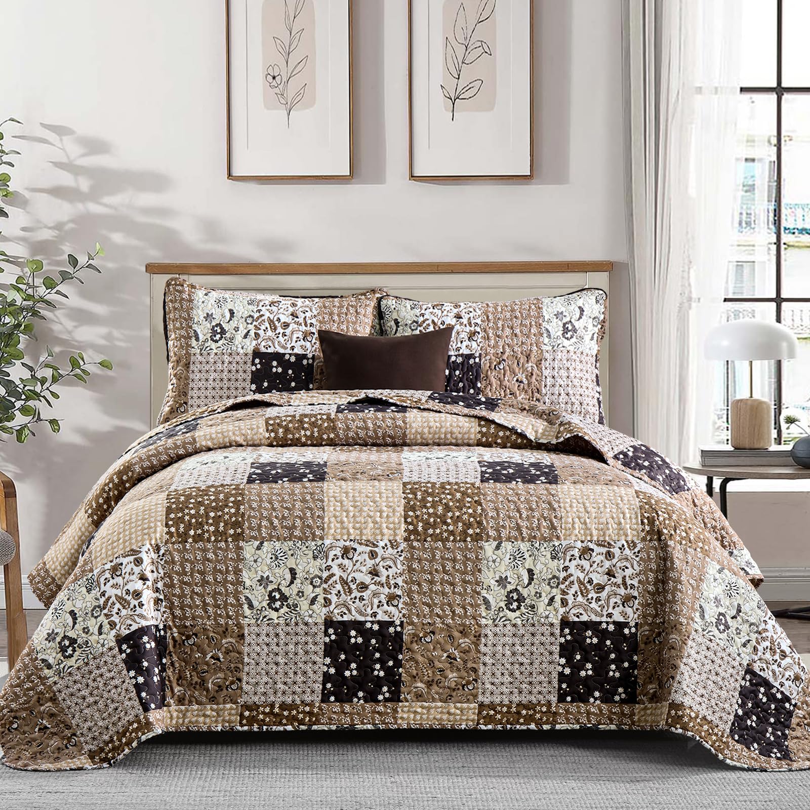 Menghomeus Brown Quilt Set King Boho Patchwork Bedspread Floral Coverlet Reversible Bed Quilt Set All Season Soft Microfiber Bedding Farmhouse Bed Sets, 104"x90"