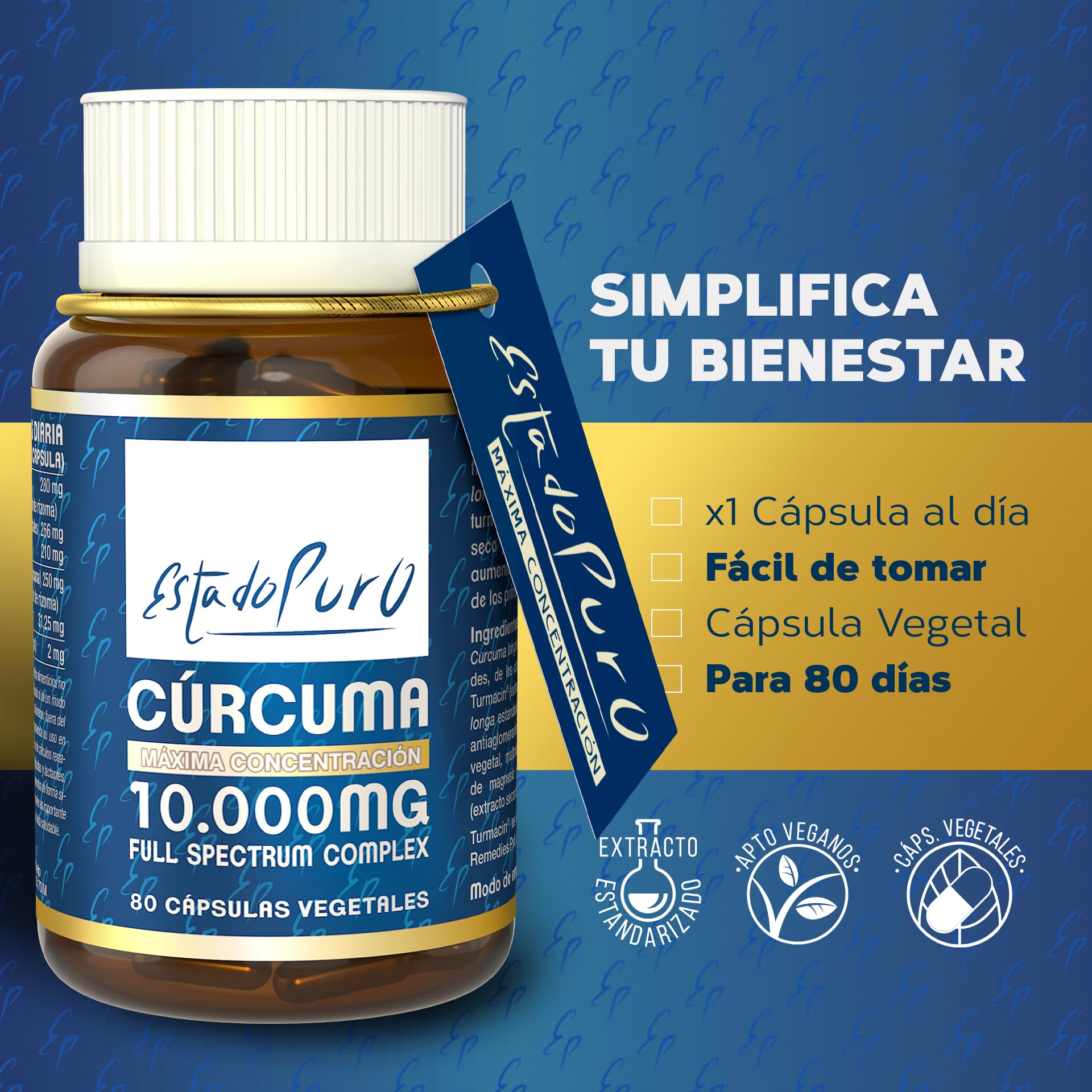 Estado Puro Cúrcuma 80 Cápsulas | Con Pimienta Negra | Alta Potencia 10.000 mg | Turmeric Complex con 3 Tipos de Curcumina | Tongil (Paquete de 1)