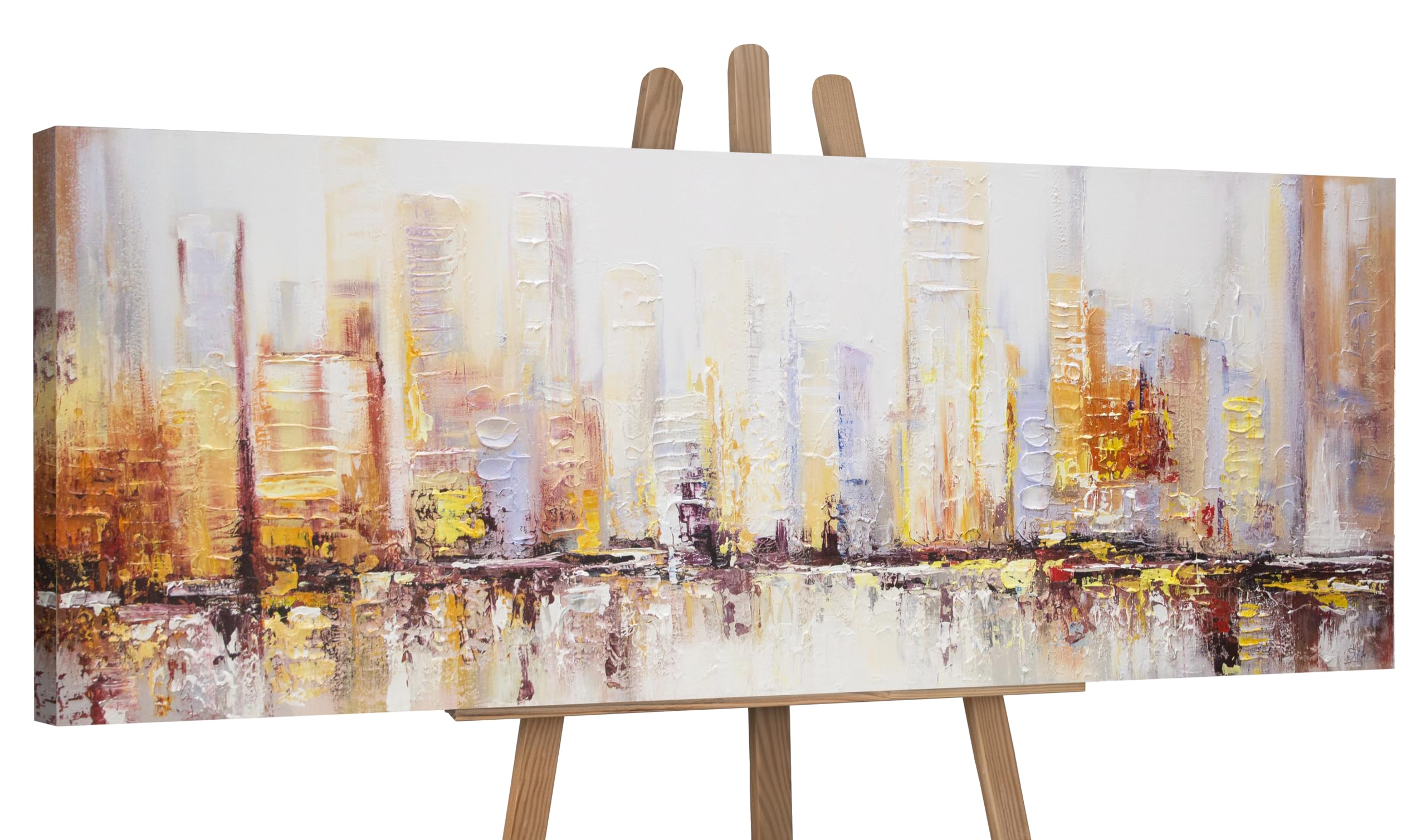 YS-Art Original Handmade Painting – Golden City Skyline Abstract, Warm Textured Artwork on Canvas, Urban Decor for Living Room Office 60x20 inch