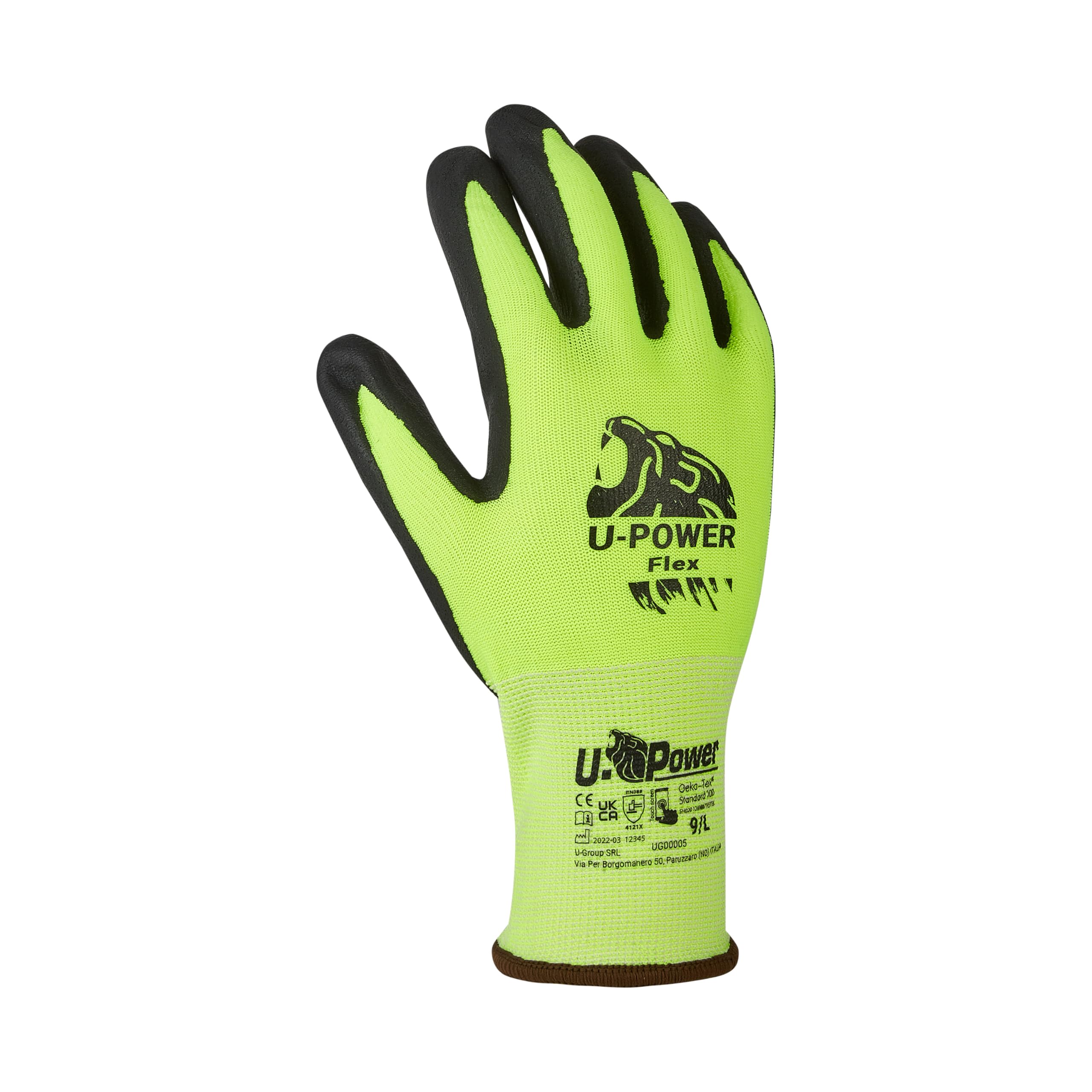 U Power Flex Guantes de trabajo de seguridad Nylon elástico Spandex Recubrimiento de soporte Nano espuma de nitrilo Pantalla táctil Protección térmica contra riesgos mecánicos Verde 9/L 12 piezas