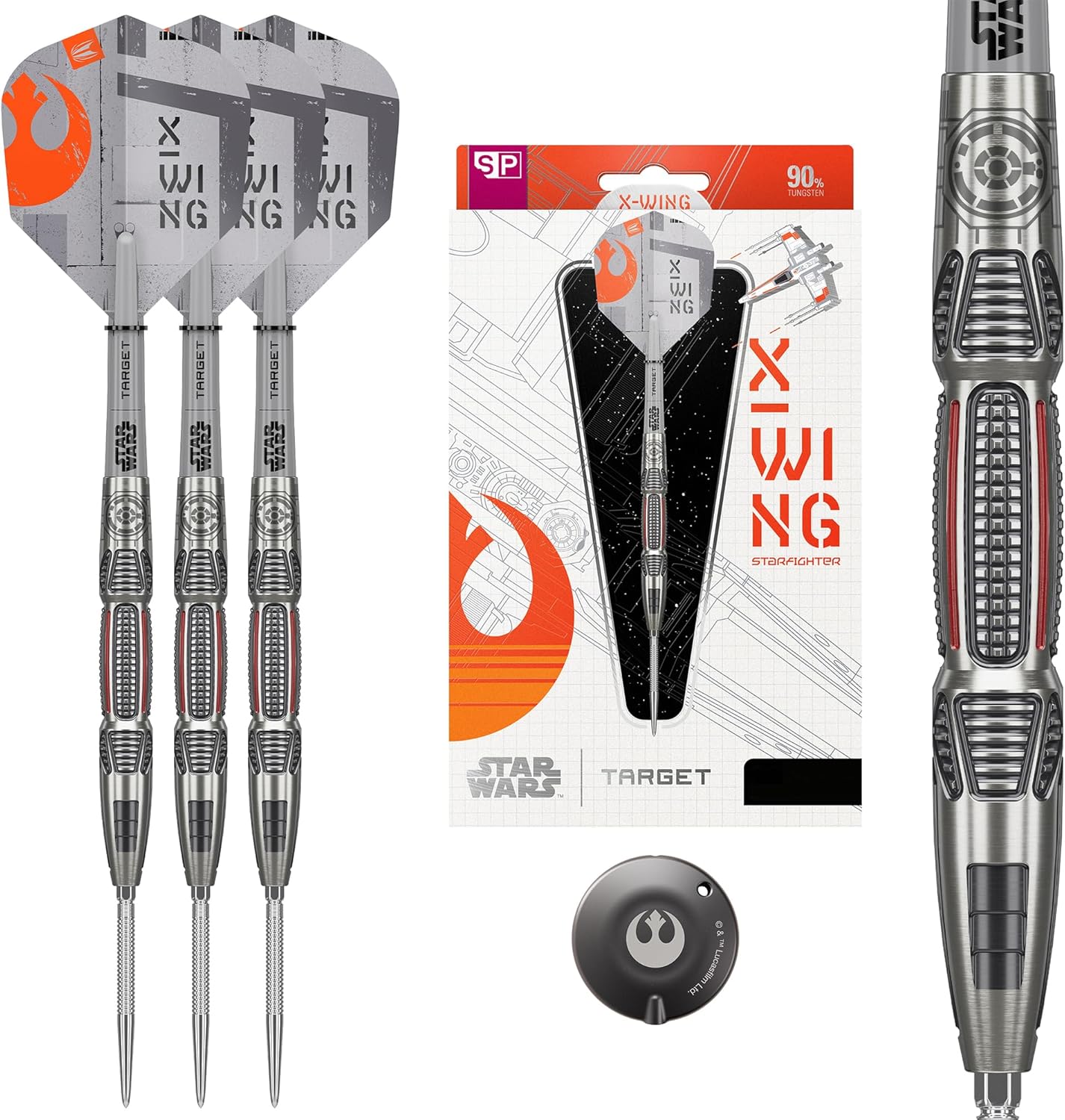 Target Darts Star Wars X-Wing 90% Tungsten Steel Tip Darts, 22G/24G/26G | Silver GRD Swiss Points, Pro Grip Shafts, X Wing No.6 Pro Ultra Flights & Swiss Point Tool