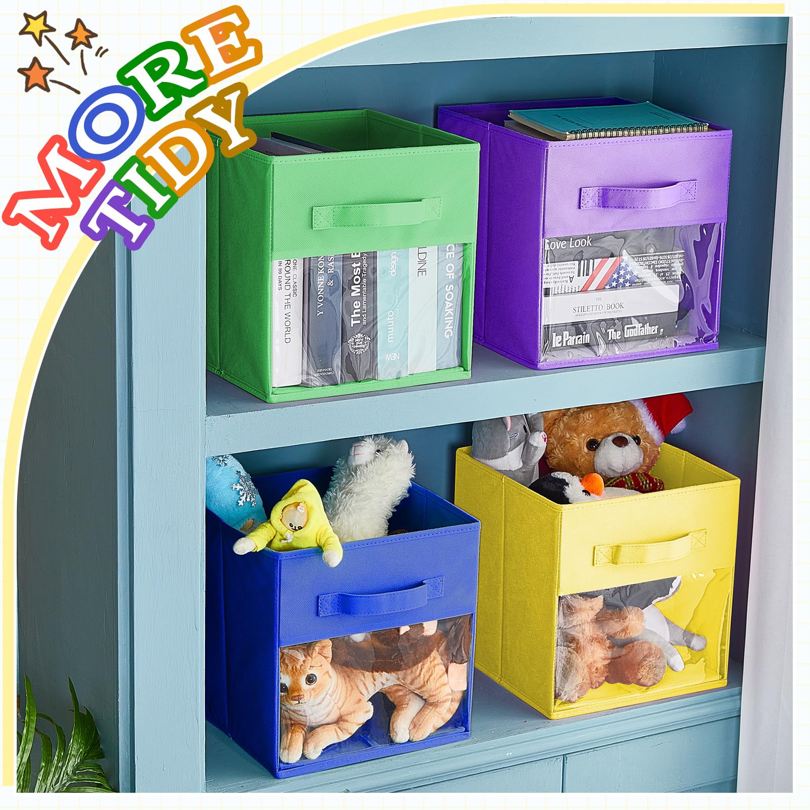 Marsui 12 Pcs Collapsible Cube Storage Organizer with Window Fabric Storage Cubes Bins with Handles Decorative Storage Bins Boxes for Organizing Books (Red, Orange, Yellow, Green, Blue, Purple, Solid)