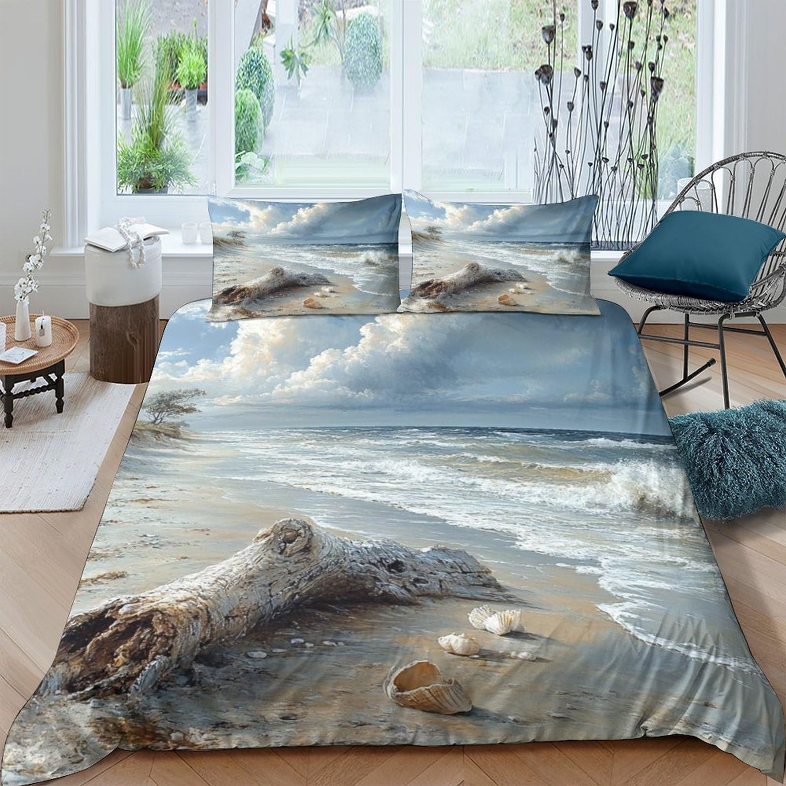 Ctjqhvkz Style-5 3D Printed Seaside Driftwood Fitted Sheet Microfiber Soft Blue Ocean Mattress Cover For Bedroom Guest Room Decor Single（135X200cm）
