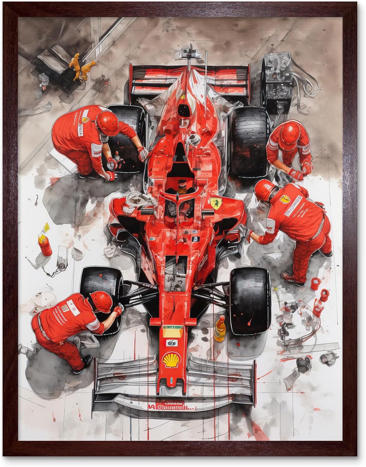 Artery8 Grand Prix Race Car Wheel Change Aerial Shot Art Print Framed Poster Wall Decor 12x16 inch