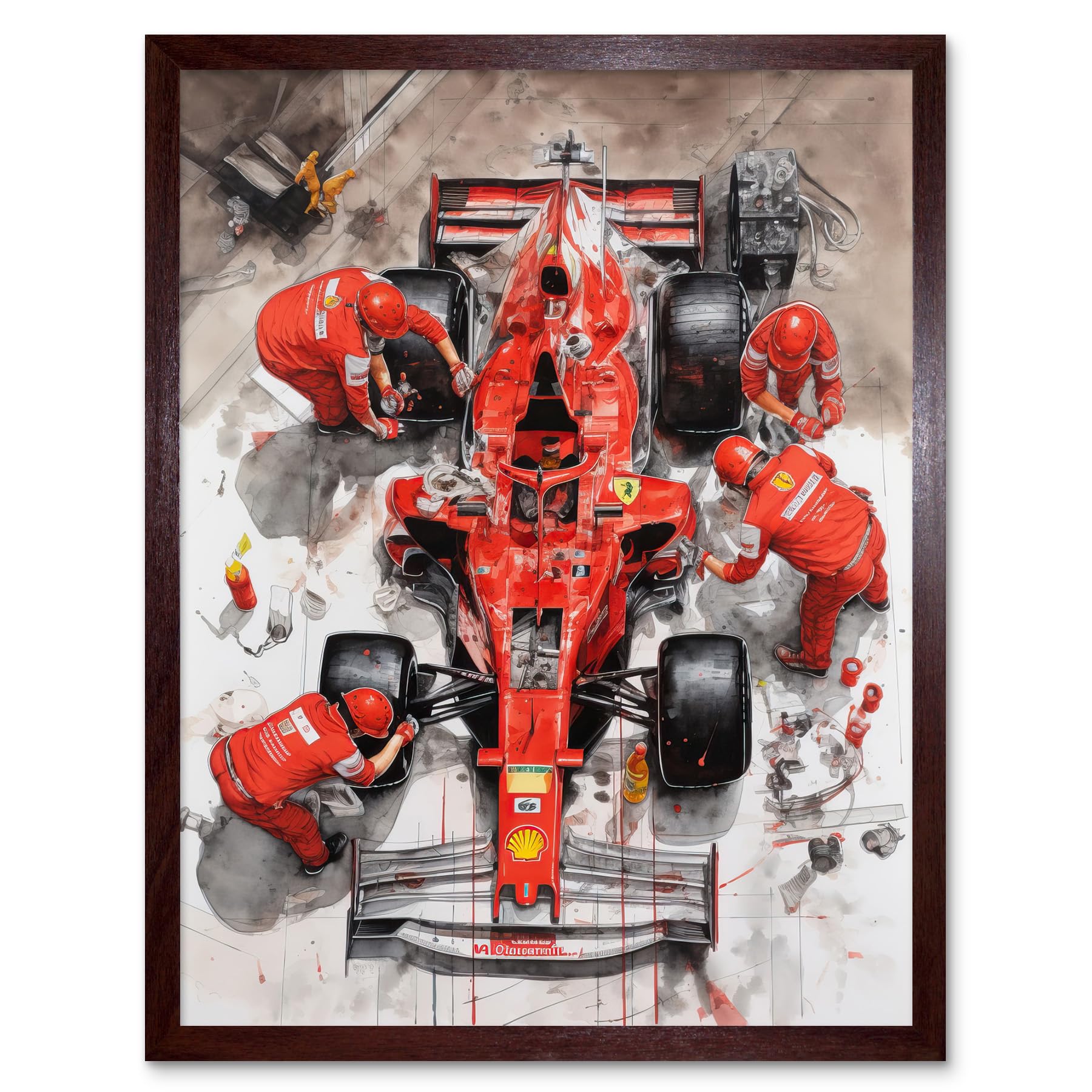 Artery8 Grand Prix Race Car Wheel Change Aerial Shot Art Print Framed Poster Wall Decor 12x16 inch, Framed Brown 12X16