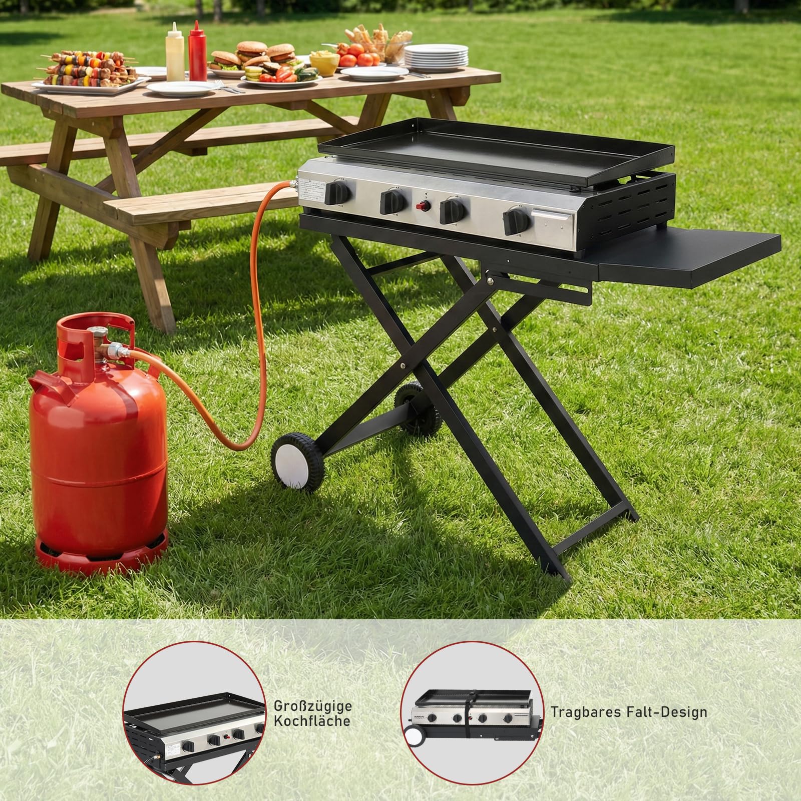 LEADZM Gasgrill Tragbarer 4 Brenner 9.6 kW Grill klappbar, Ausgestattet mit einem Druckminderungsventil - leicht zu verstauen