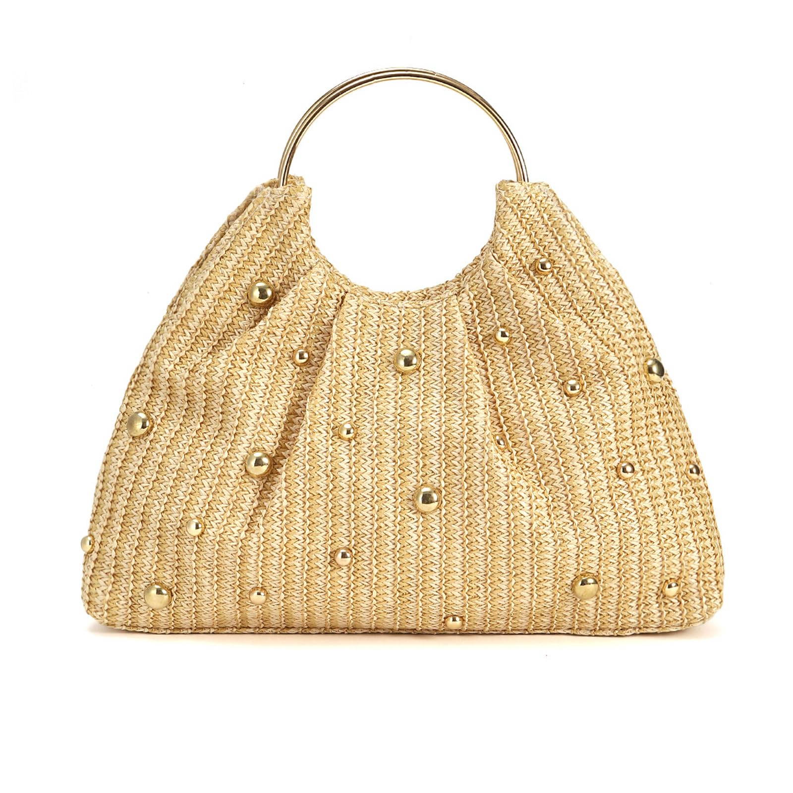 Auffällige Strohtasche mit Perlendetails und rundem Griff. Geräumige Innenhandtasche. Bequemer, täglicher Gebrauch. Leichter Damen-Strand mit Perlenverzierungen