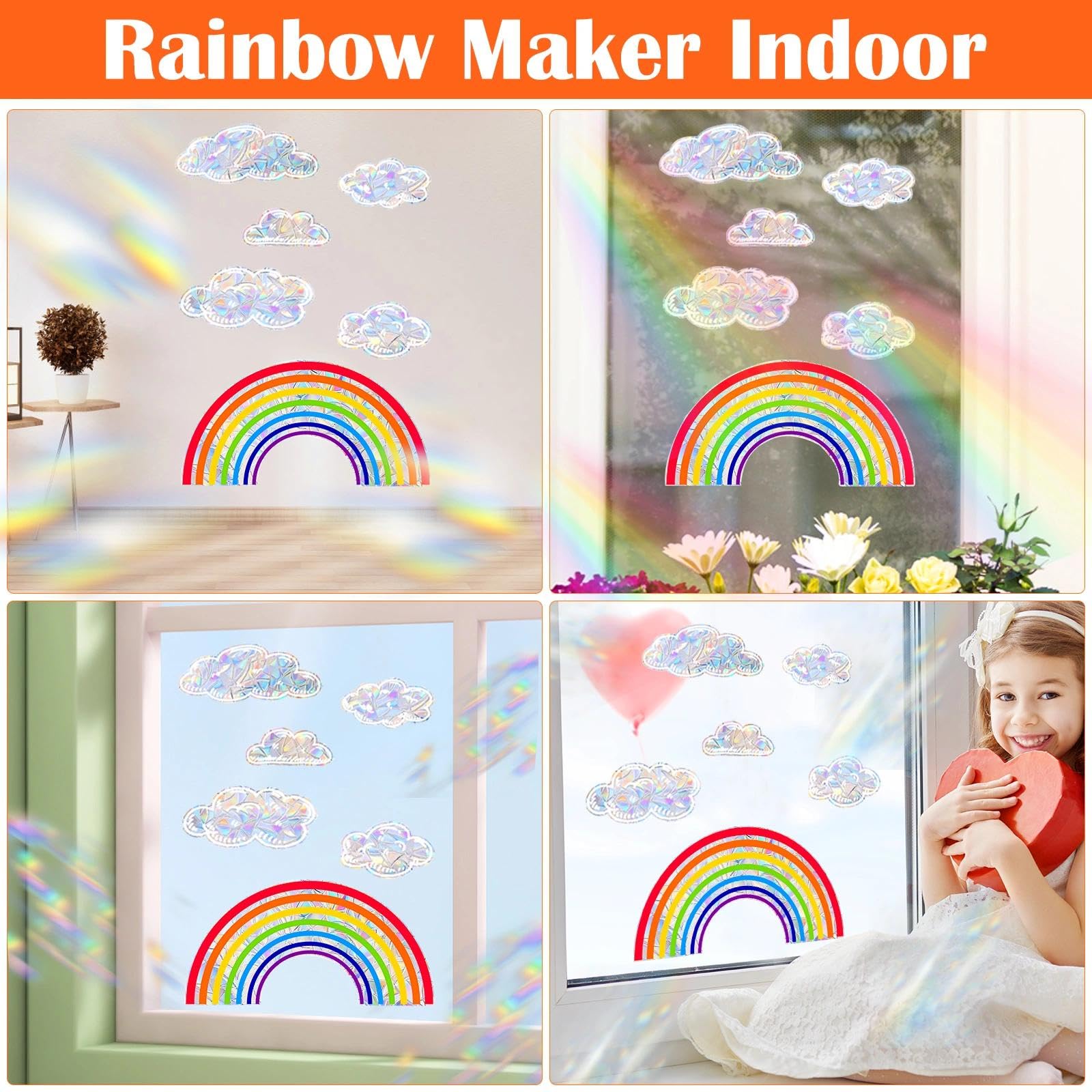 Regenbogen Fensterbilder 2 Stück - 30x40cm Mit Wolken, Elektrostatisch Haftend