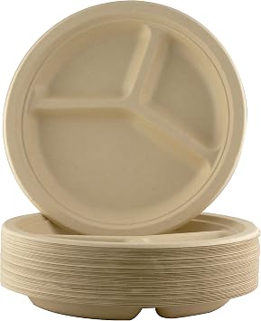 Restaurant-Grade, Biodegradable 9" 3-Compartment Plates. Bulk 25 Pk. Great for Lunch and Dinner Parties. Disposable, Compostable Wheatstraw Divided Plates. Leakproof & Microwave Safe.