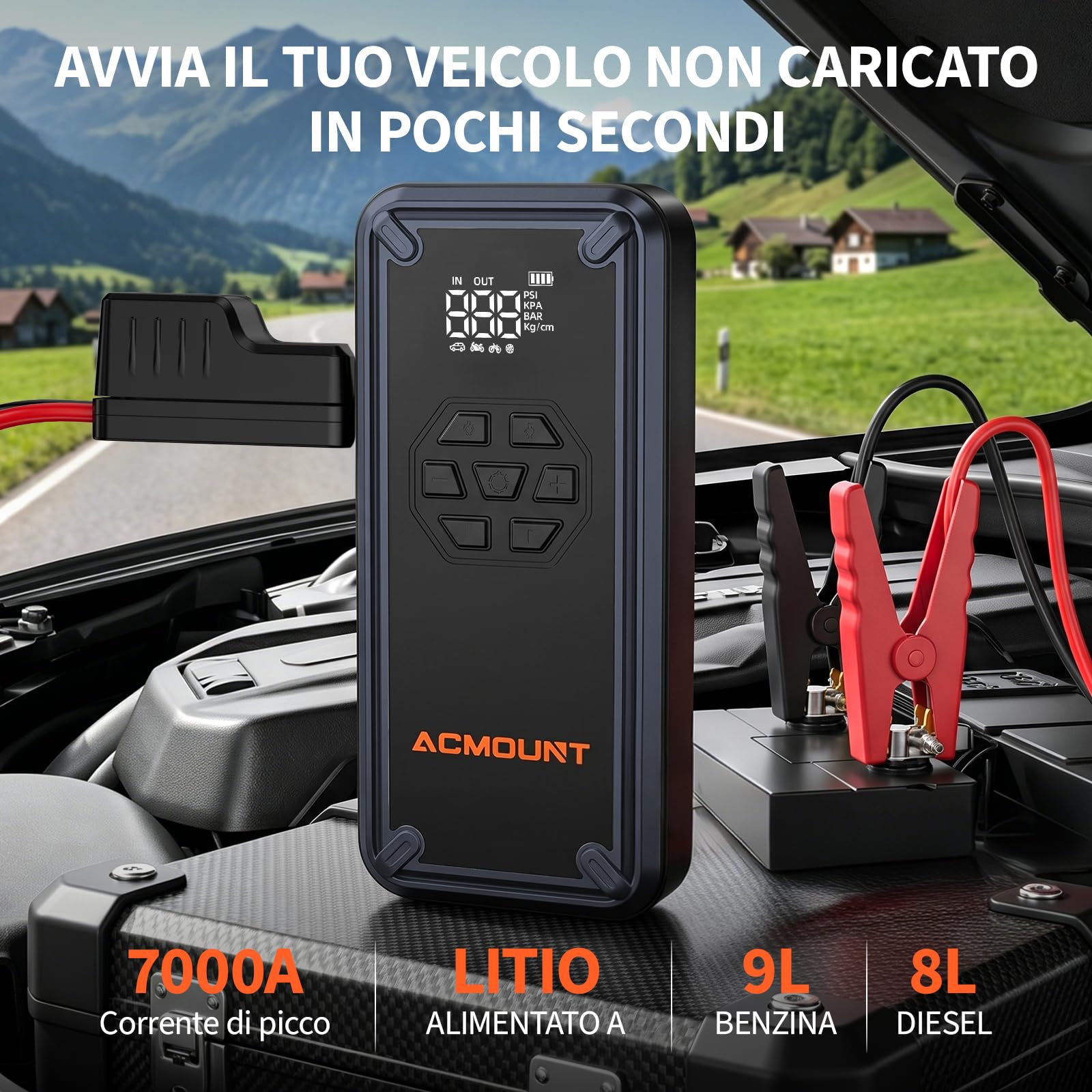 ACMOUNT Avviatore Batteria Auto 7000A, Booster Avviatore Auto con Compressore 150PSI (Per Benzina 9L/Diesel 8L) Starter Batteria Portatile 12V Jump Start con Ricarica Rapida 18W, LED & LCD
