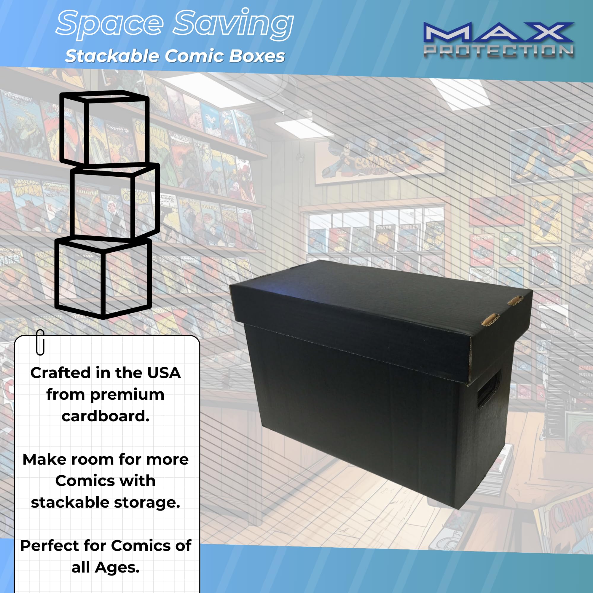 Max Protection Comic Book Storage Boxes - Short Cardboard Black Case for 150-175 Comic Books - Double Thickness — view 4
