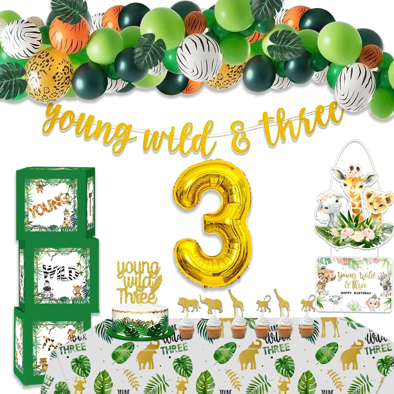 Jungle Theme Party Supplies ,3st Birthday Party Decorations,Balloons , Tablecloth,Leaves, Balloon Boxes, Animal Safari Decorations