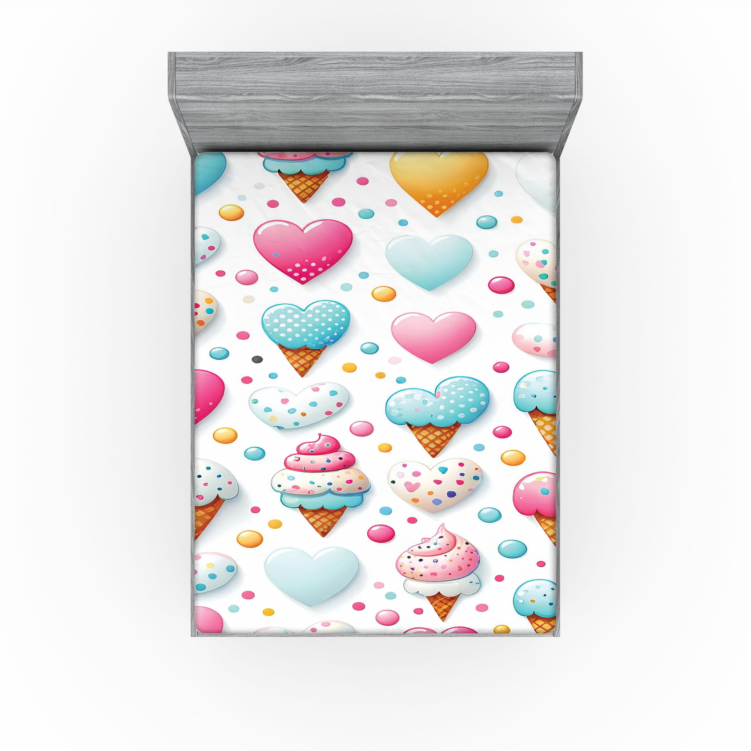Ambesonne Ice Cream Fitted Sheet, Delicate Pattern of Colorful Design Dots and Hearts on Plain Back Cartoon, Bed Cover with All-Round Elastic Deep Pocket for Comfort, King Size, Pink Blue Apricot