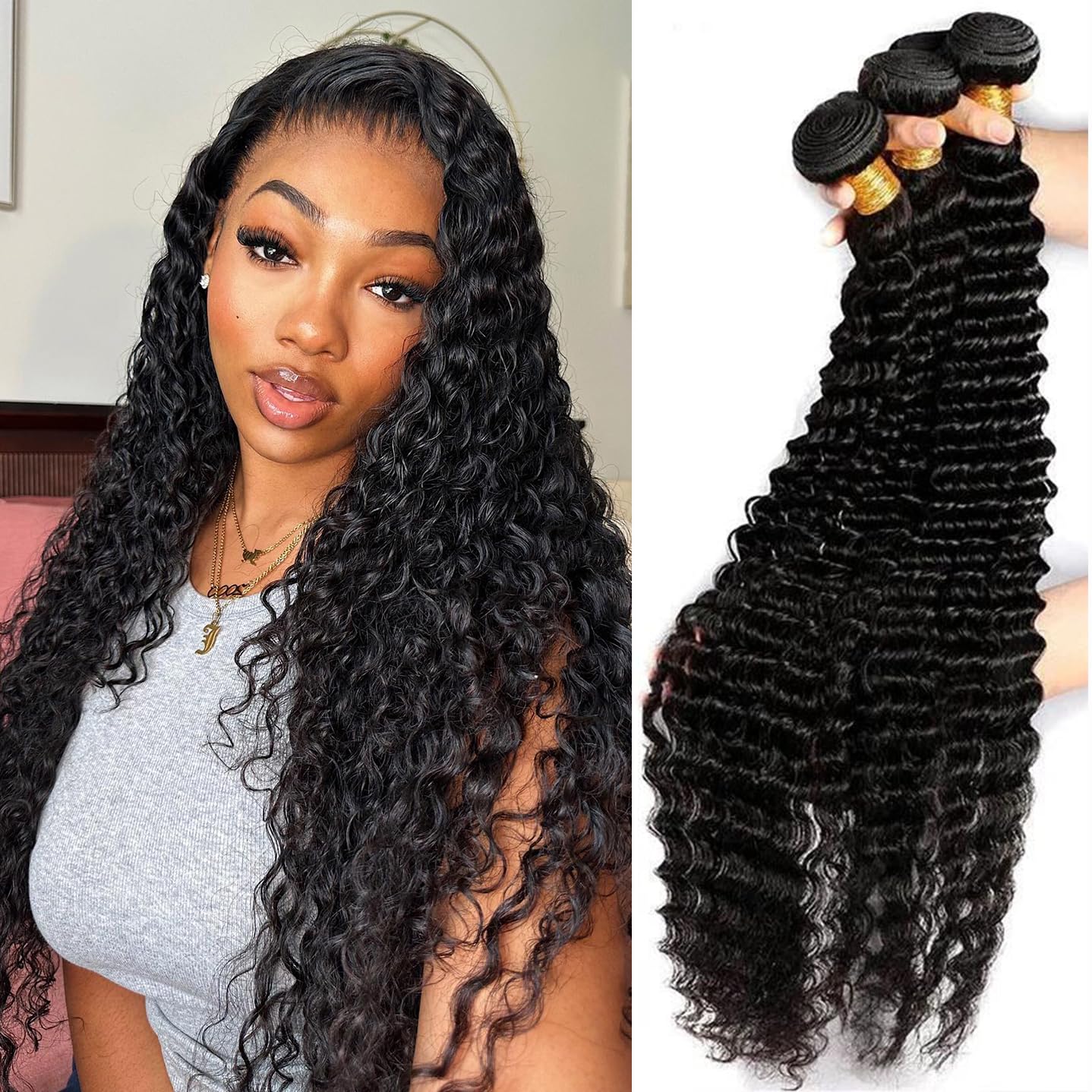 Releek Deep Wave Bundles Human Hair 16 18 20 Inch Water Wave 10A Brazilian 100% Unprocessed Virgin Human Hair Wet and Wavy Bundles Double Weft Deep