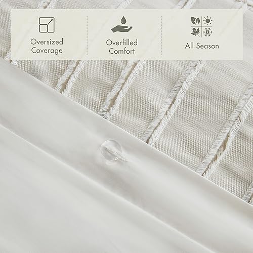 Miniatura 3 de Madison Park Juego de edredón Queen con rayas jacquard recortadas con botones, edredón bohemio para una cama tamaño Queen, edredones de algodón de