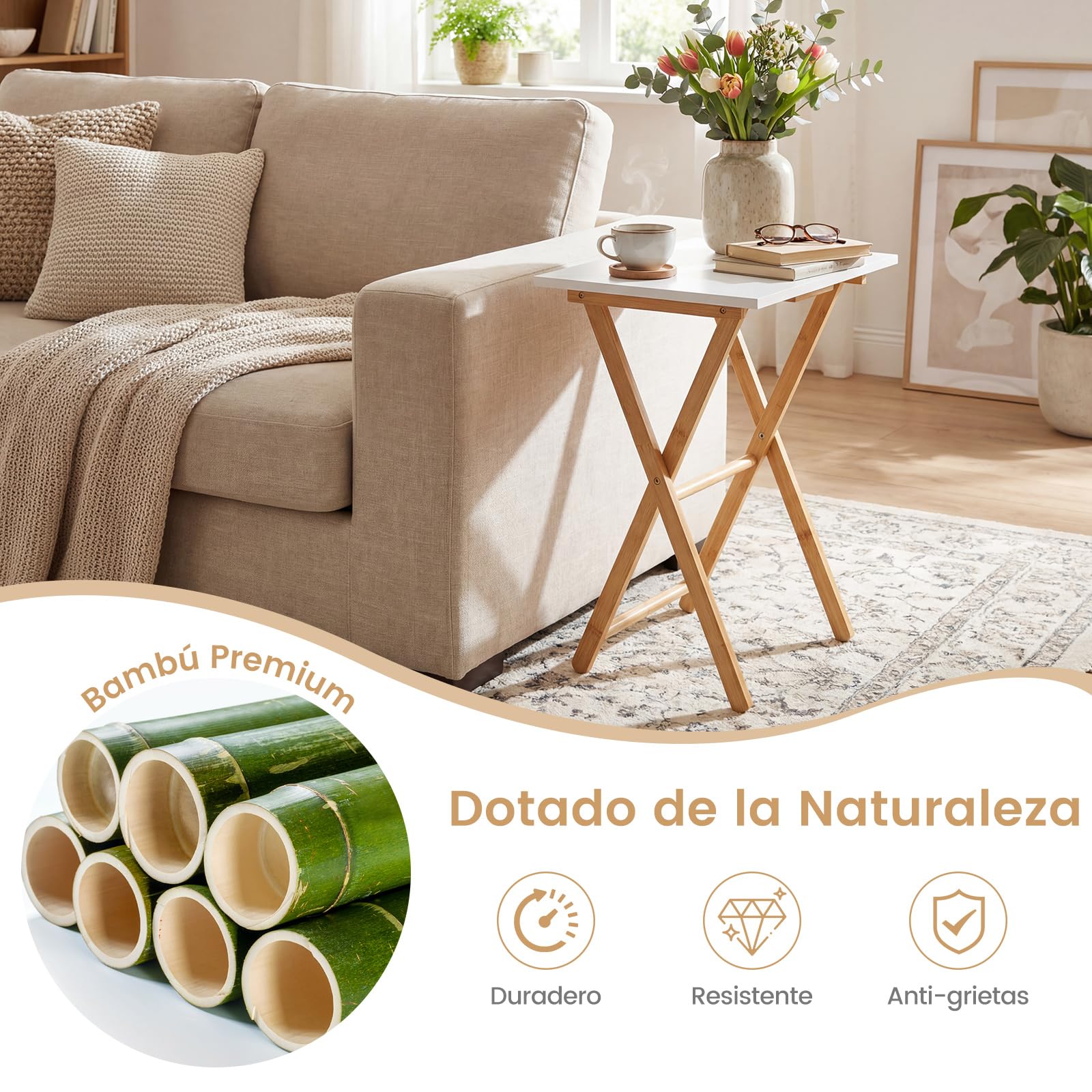 COSTWAY Juego de 2 Mesa Auxiliar Plegable de Bambú, Mesita Plegable para Sofá, 48 x 35 x 64 cm, Escritorio Pequeño Portátil para Espacios Pequeños, Cocina, Dormitorio y Salón, Blanco y Natural