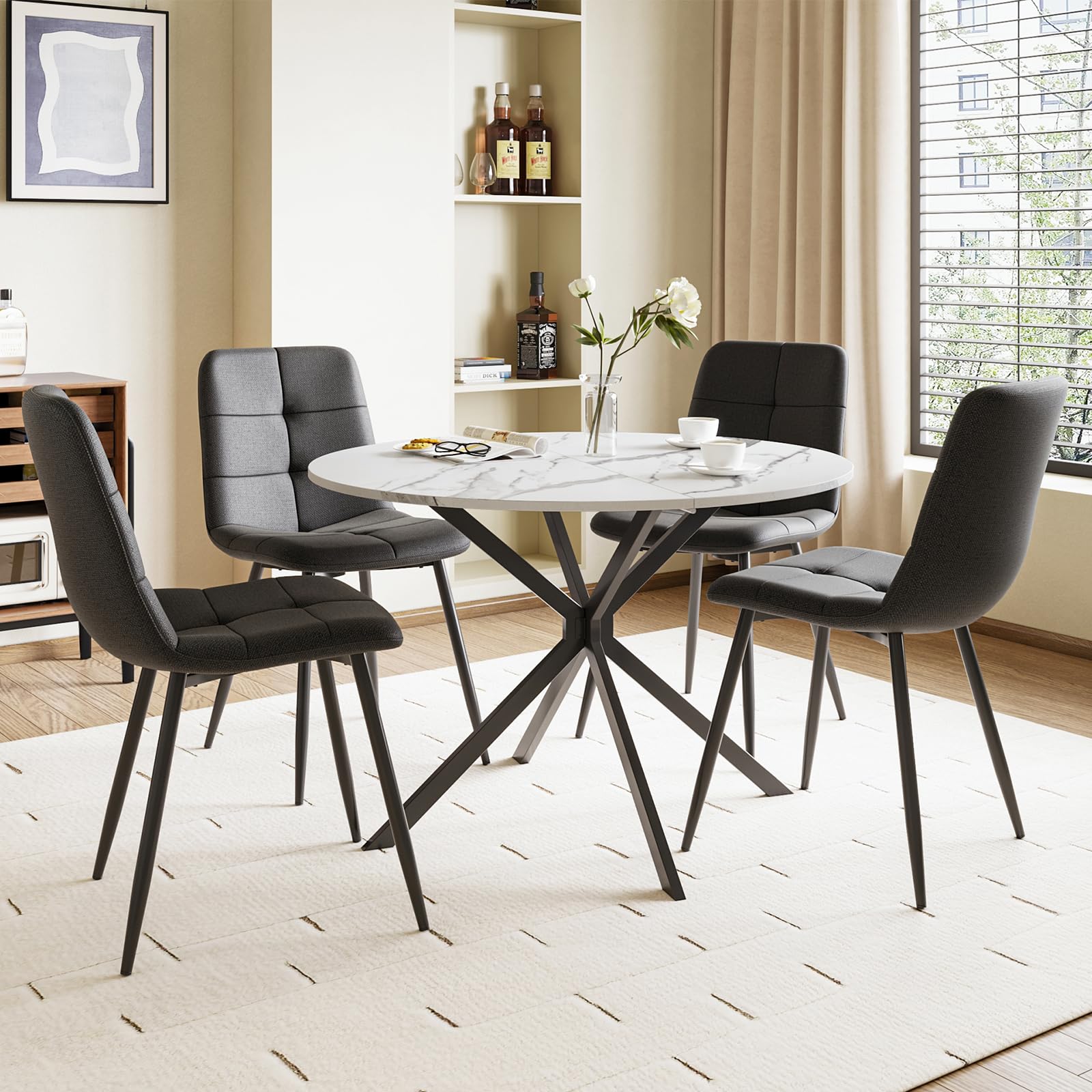 Luxstein Round Dining Table and Chairs Set 4, 100cm White Marble Effect Folding Table with 4 Black Upholstered Linen Chairs for Dining Room, Kitchen โ image 1
