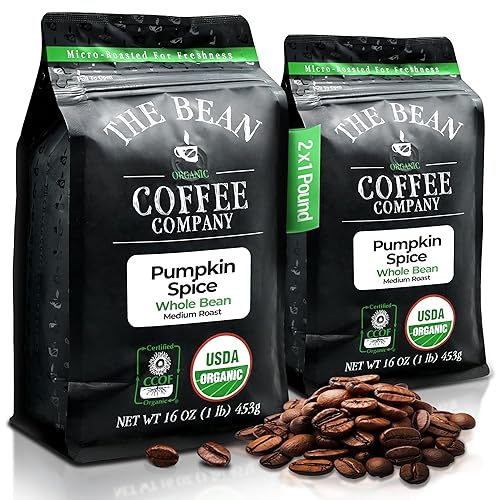 The Bean Organic Coffee Company - Especias de calabaza, tostado medio, café en grano entero, bolsas de 16 onzas (paquete de 2)