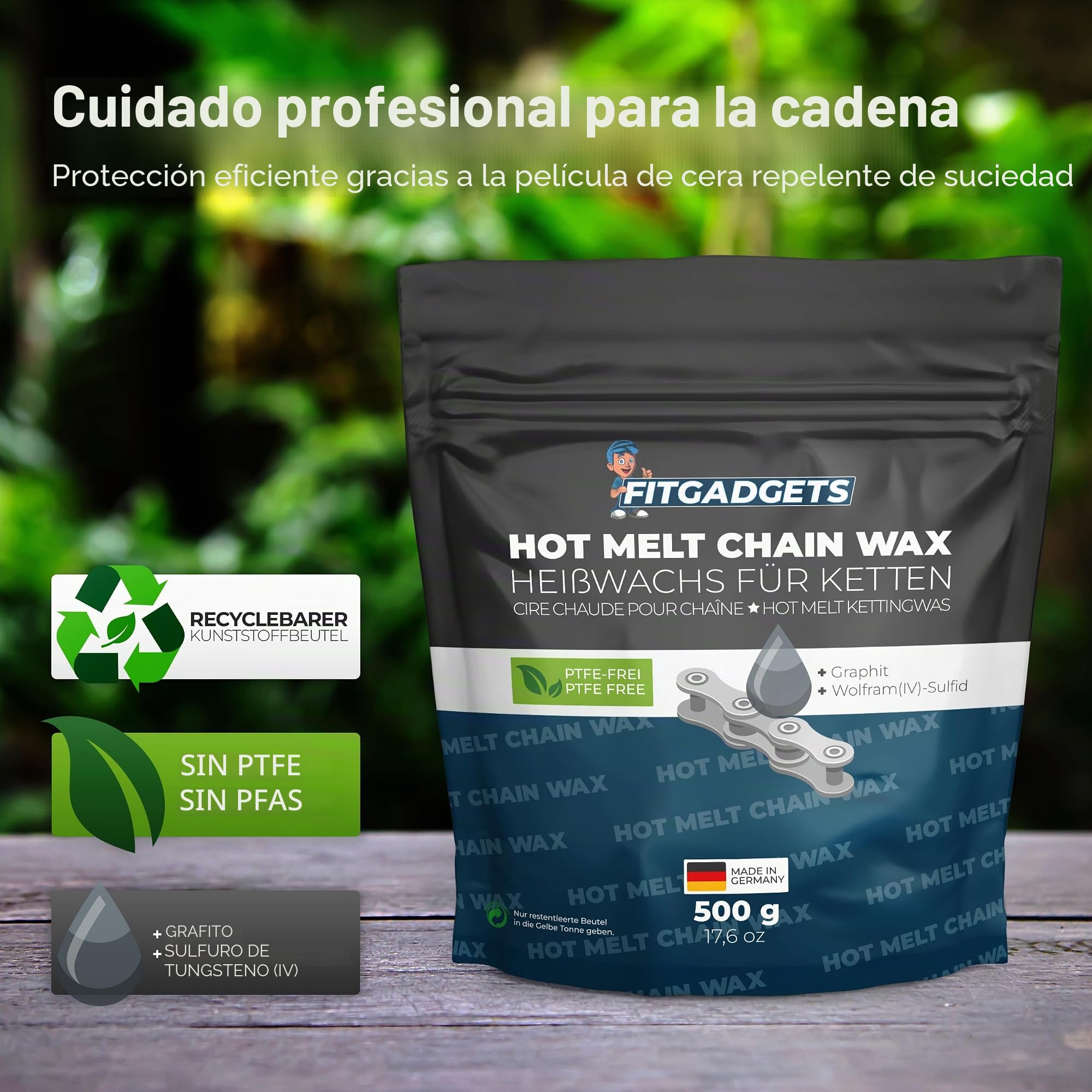 OH3 Fitgadgets Cera caliente para cadena de bicicleta, 500 g, pellets – Hot Melt Chain Wax con grafito y sulfuro de tungsteno, lubricante de cera para bicicleta de carretera, MTB y Gravel – Fabricado