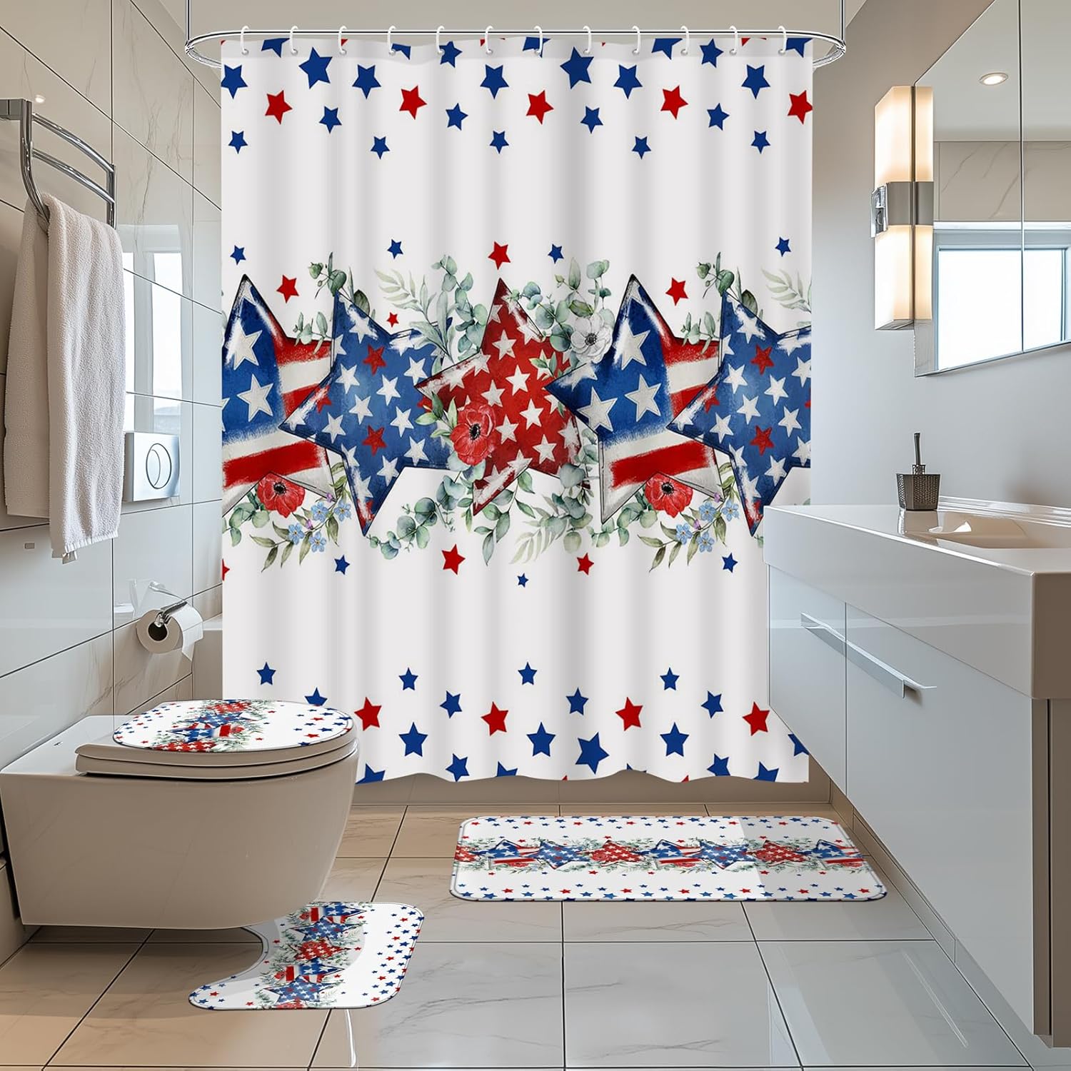 4 Pcs Independence Day Shower Curtain Set, Patriotic Star Bathroom Set with Rugs, U-Shaped Mat, Toilet Lid Cover, Red White and Blue Bath Decor with 12 Hooks