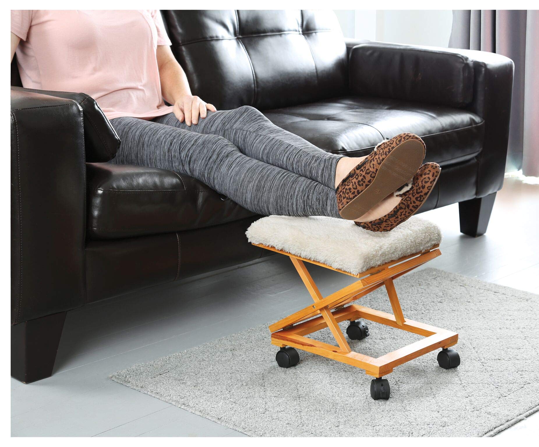 Ottoman Footrest Stool Foot Rest Elevated Rolling With Wheels Fleece
