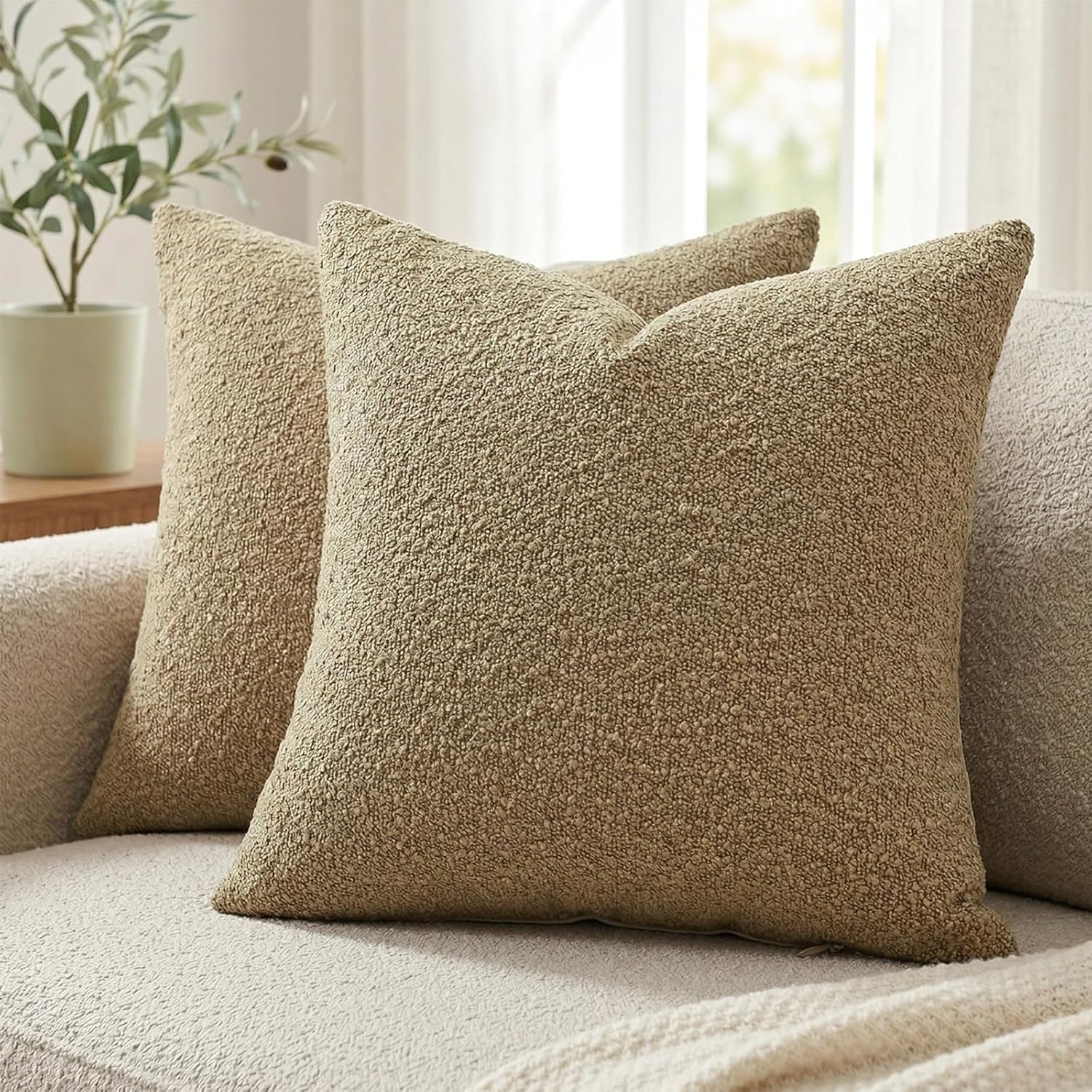 Orange/Brown 4 Pack 18x18 Inch Boucle Throw Pillow Covers, Cozy Textured Couch Pillow Covers, Solid Neutral Cushion Cases for Sofa Bed Chair Living Room Decor