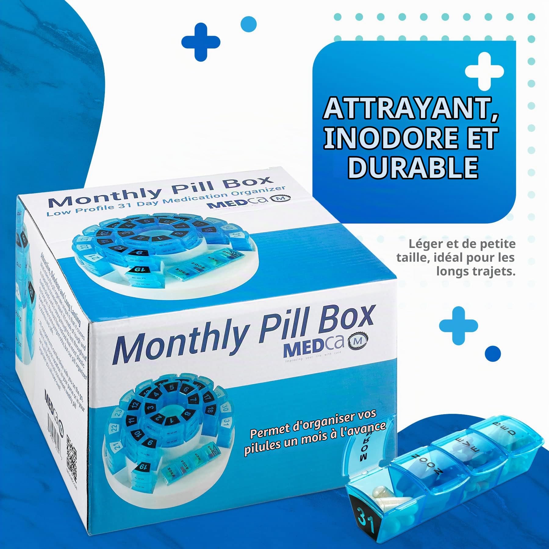 Boîte Mensuelle de Pilules par MEDCA - Organisation Intelligente de Prescription avec la Section Quotidienne de Doses Multiples, Compartiments Amovibles Parfaits pour Voyager
