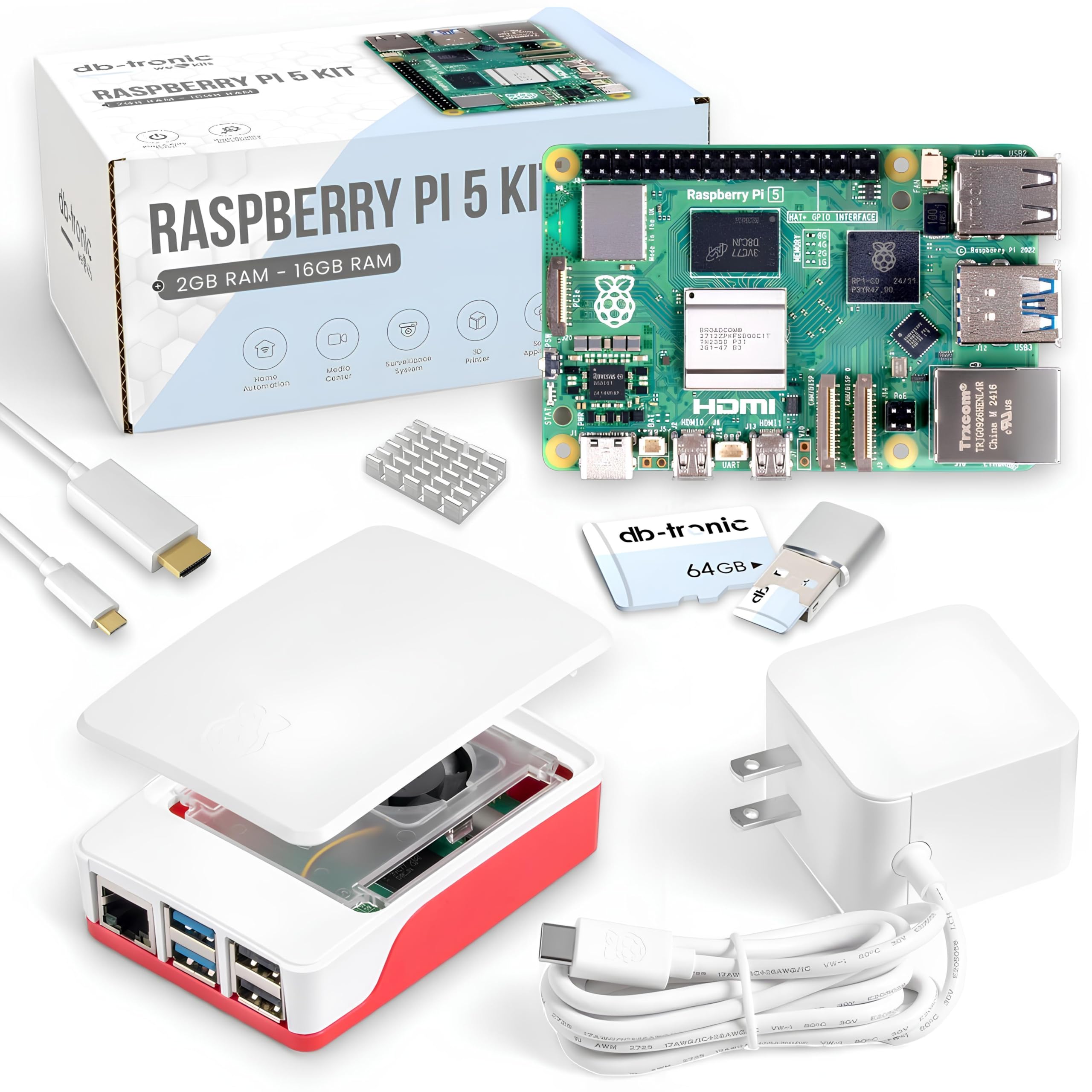 Raspberry Pi 5 4GB Starter Kit | 64GB Edition | Official 27W Power Supply | Official case with Fan | 4K Micro HDMI Cable 1m | Aluminum heatsink