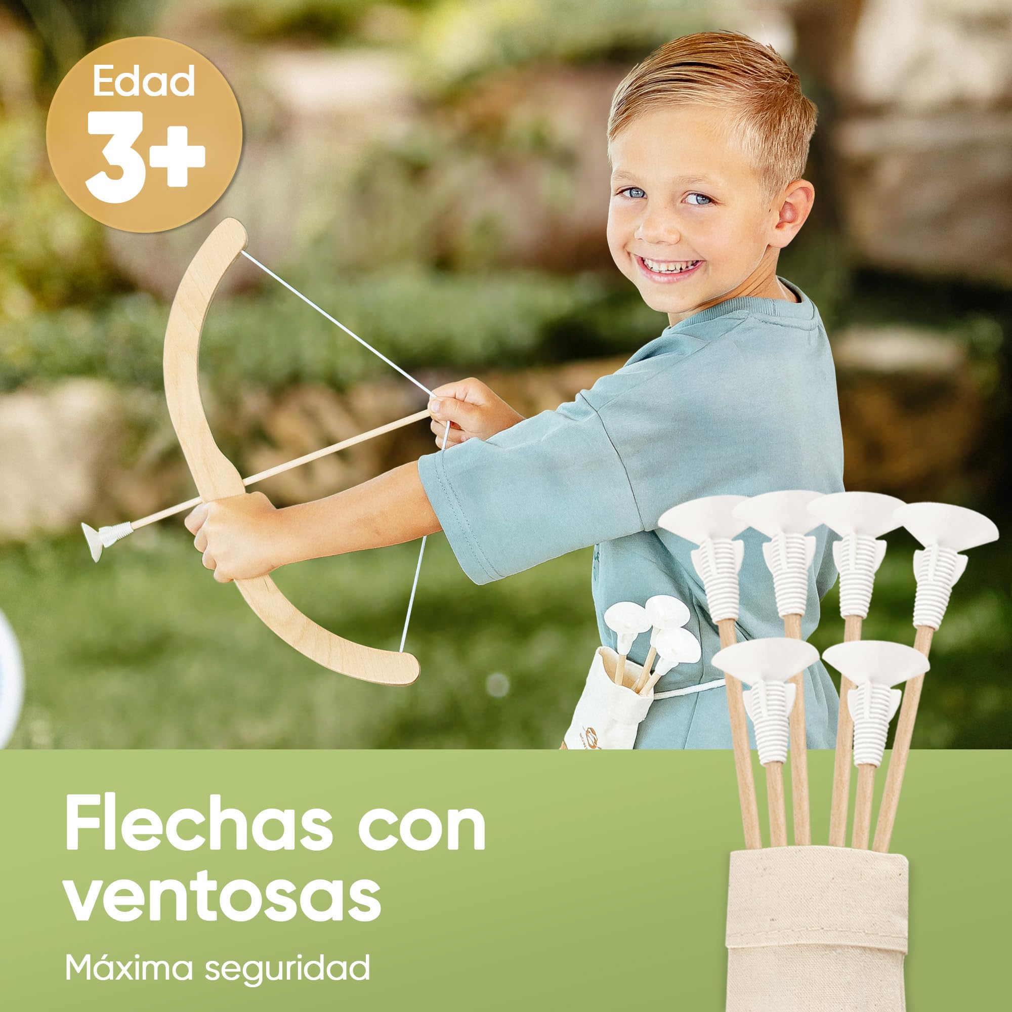 BOWRILLA® Juego de tiro con arco para niños con 6 flechas y diana de madera, ideal para interior y exterior a partir de 3 años