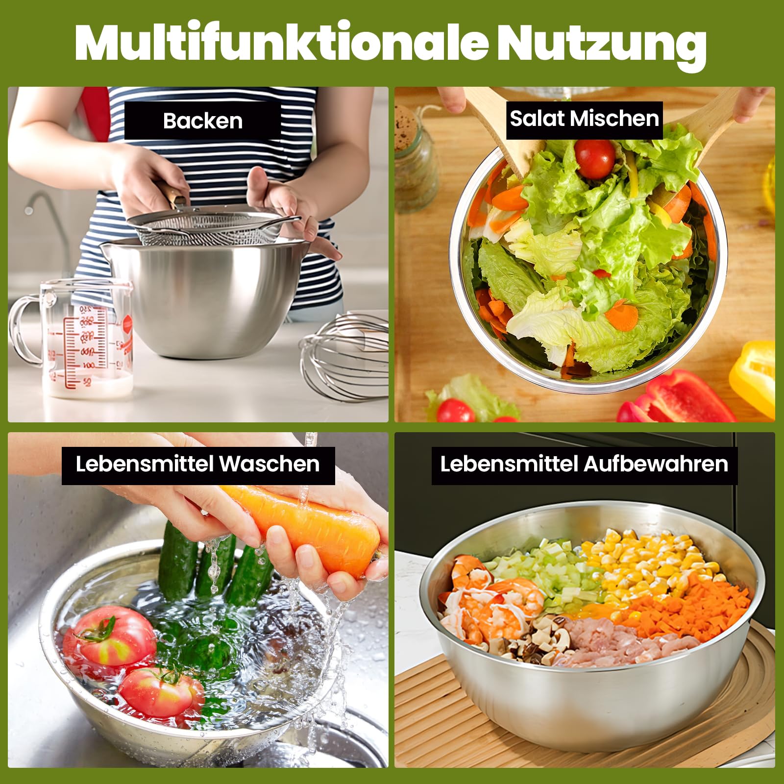 Gucass Lot de 5 Cul de Poule Inox, saladier inox empilables (0,7 L / 1,2 L / 1,8 L / 2,5 L / 3,5 L), bol inox cuisine et lavables au lave-vaisselle, parfaits pour pâtisser et préparer les aliments