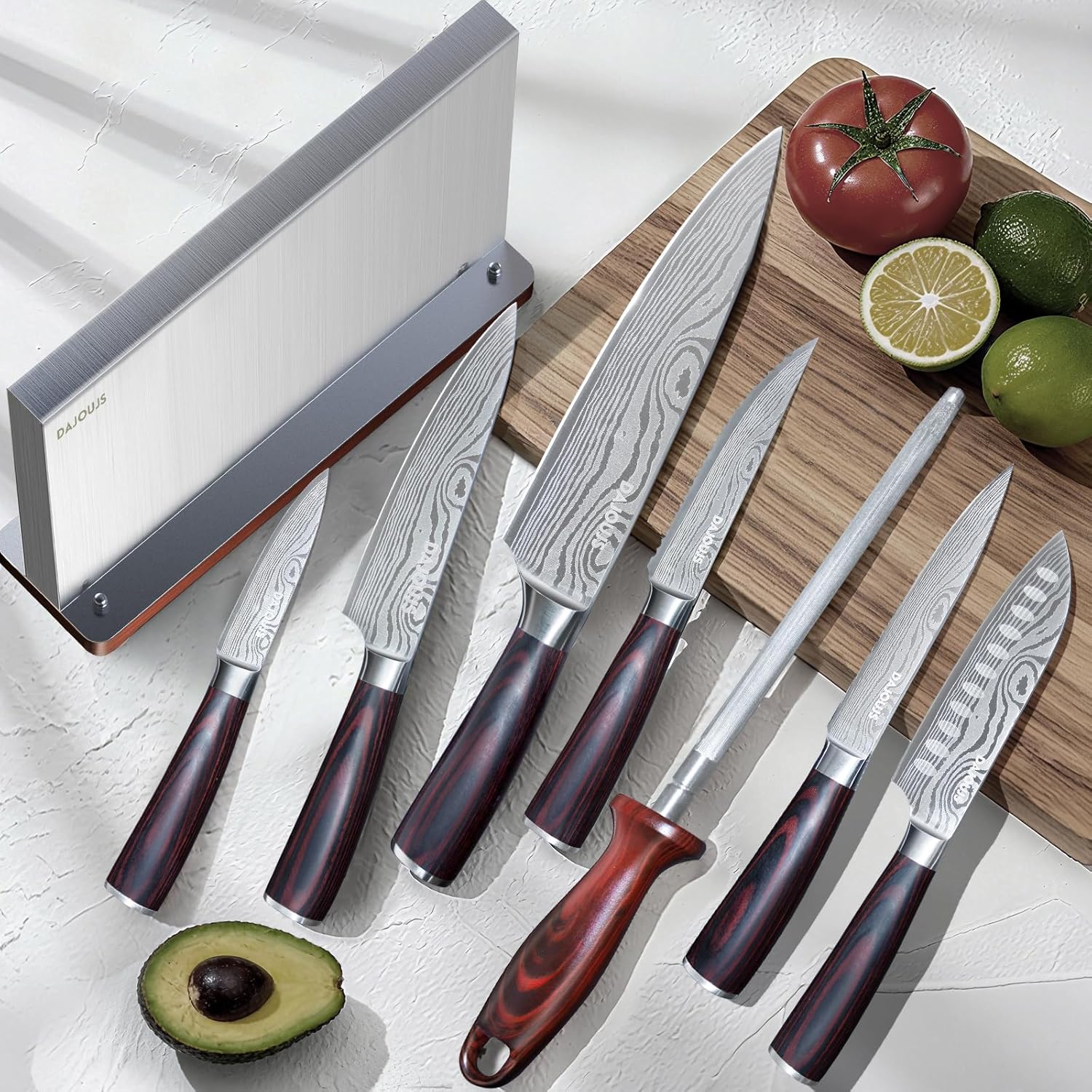 8-Pieces Kitchen Knife Set - High Carbon Stainless Steel Magnetic Knife Block Set with Sharpener Sharp Knives Set for Cooking with Ergonomic Handle