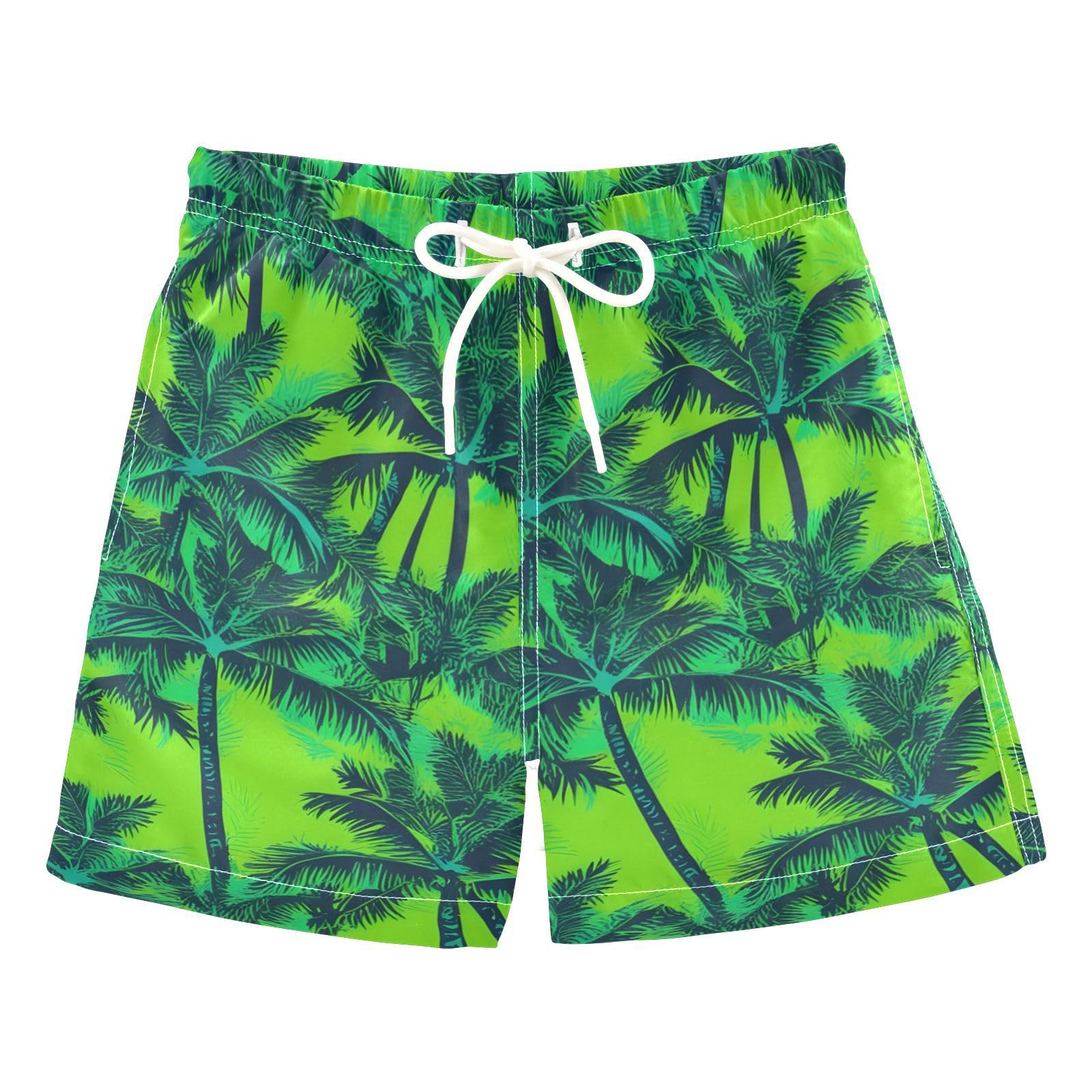 FLildon Hawaiian Palm Trees Green Little Boys Swim Trunks with Mesh Lining Quick Dry Beach Board Shorts, 3T