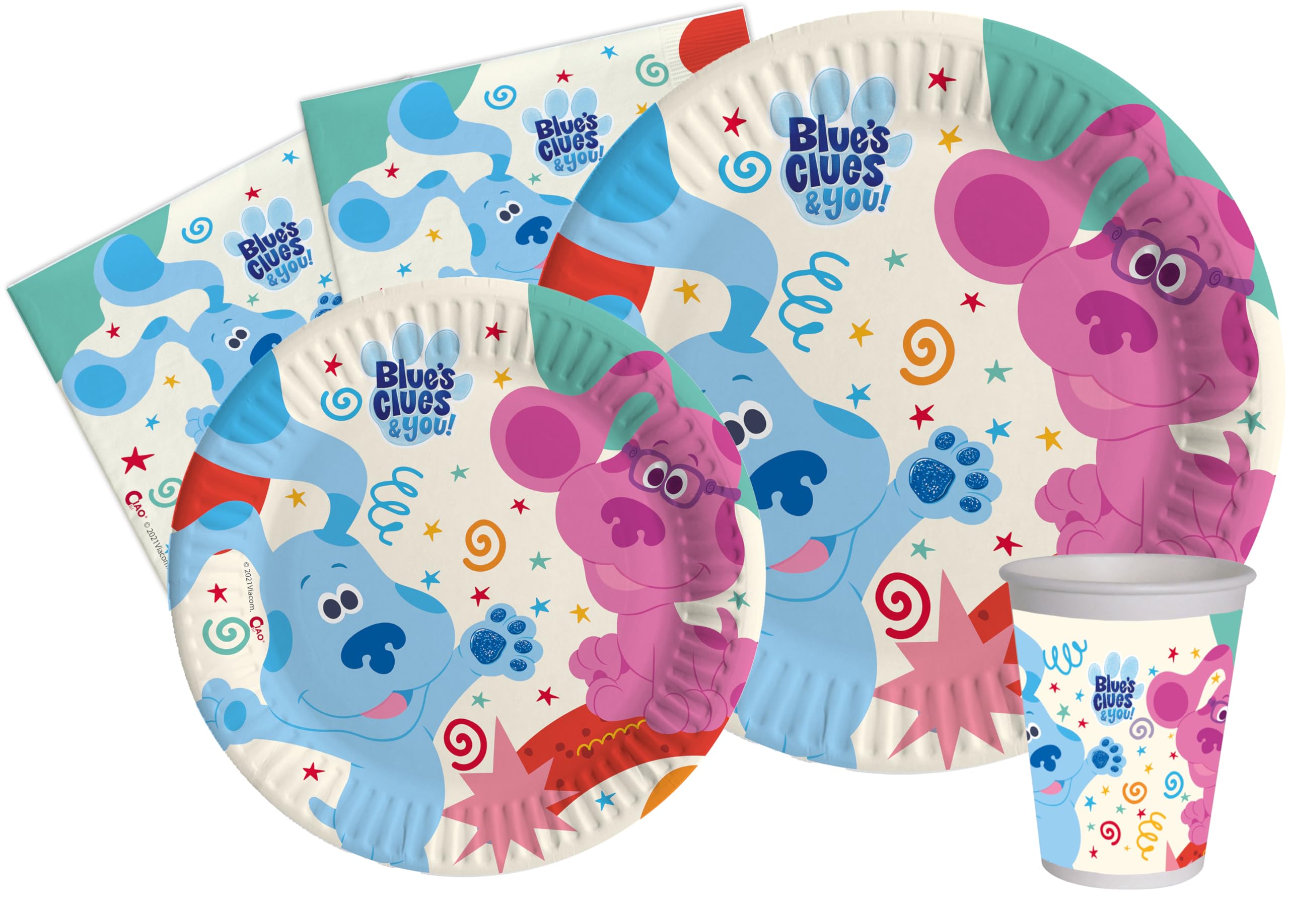 Party Tableware Set Blue's Clues for 8 people (44 pcs: 8 plates Ø23cm, 8 plates Ø18cm, 8 cups 200ml, 20 napkins 33x33cm) in eco-friendly compostable paper