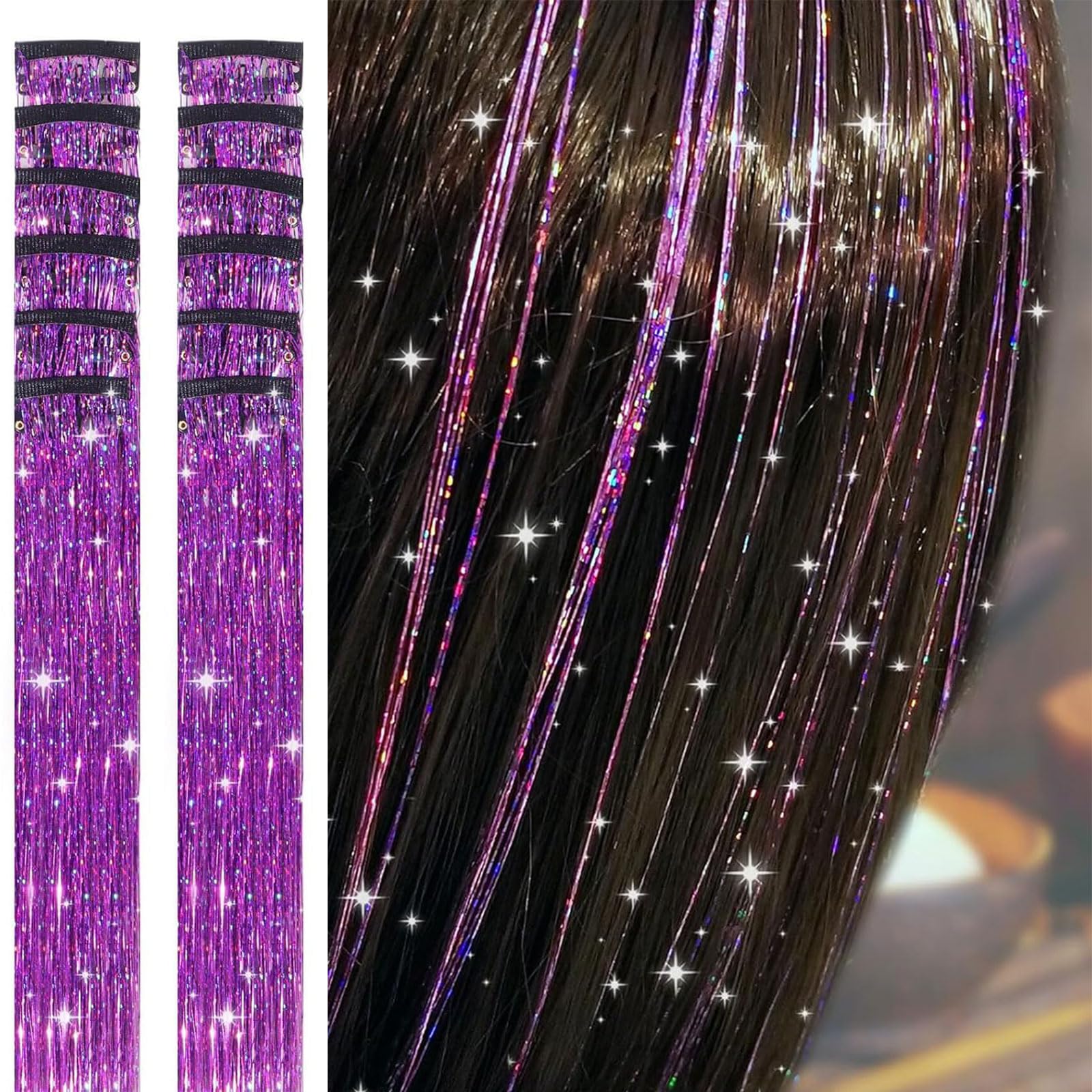 12Pcs Tinsel Hair Extensions Glitter, Hair Tinsel, Hair Glitter, Deep Purple Shimmery Glamorous Extensions for Party, Festival and Special Events-image-31