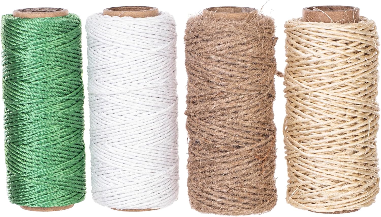 Set of 4 Twine - Jute Twine 30 m, Sisal Rope 30 m, Polypropylene Parcel Cord 55 m, Cotton Cord 65 m - 1 mm Cords for Garden, Crafts, Packaging & DIY