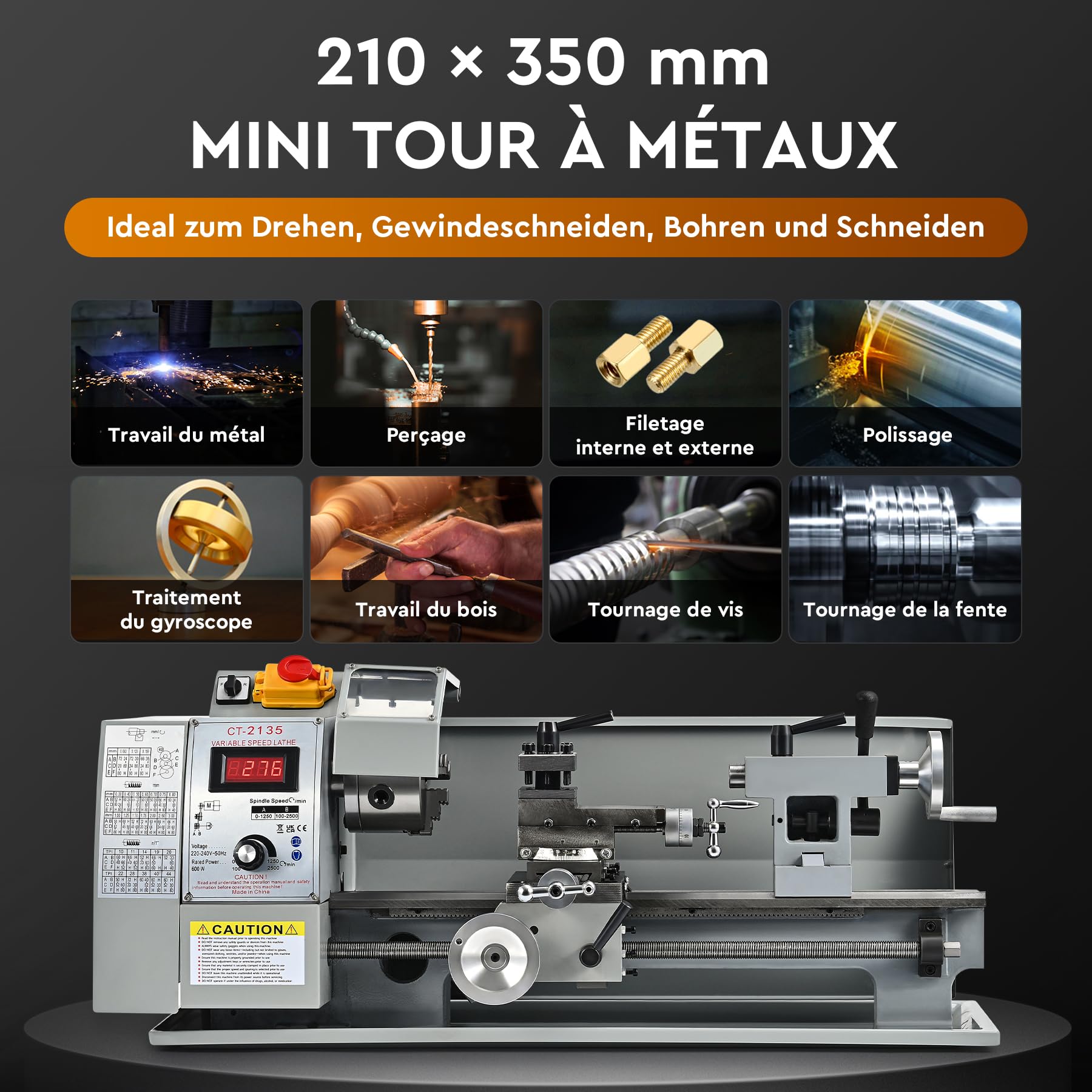 CREWORKS 600W Mini Tour à Métaux d'Établi 21x35 CM avec Mandrin à 3 Mâchoires Vitesse de Broche Max. 2250 tr/min Réglage Progressif pour Filetage Tournage Filetage