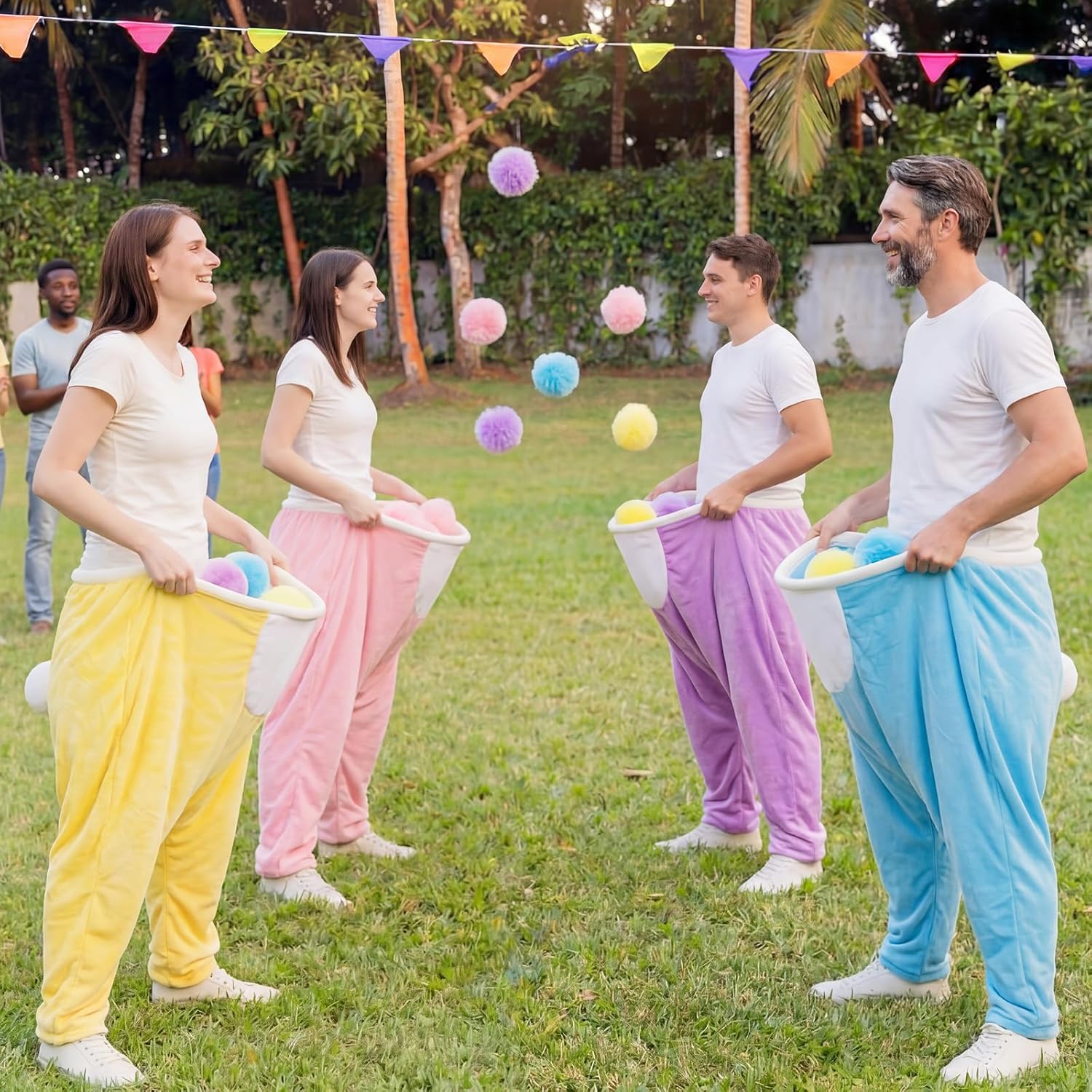 Cuffbow 4 Pcs Easter Bunny Granny Pants Outdoor Game Giant Pants with 40 Pom Balls Outdoor Tossing Catching Game for Easter Party Family Reunion Spring Team Building Church Events 14+