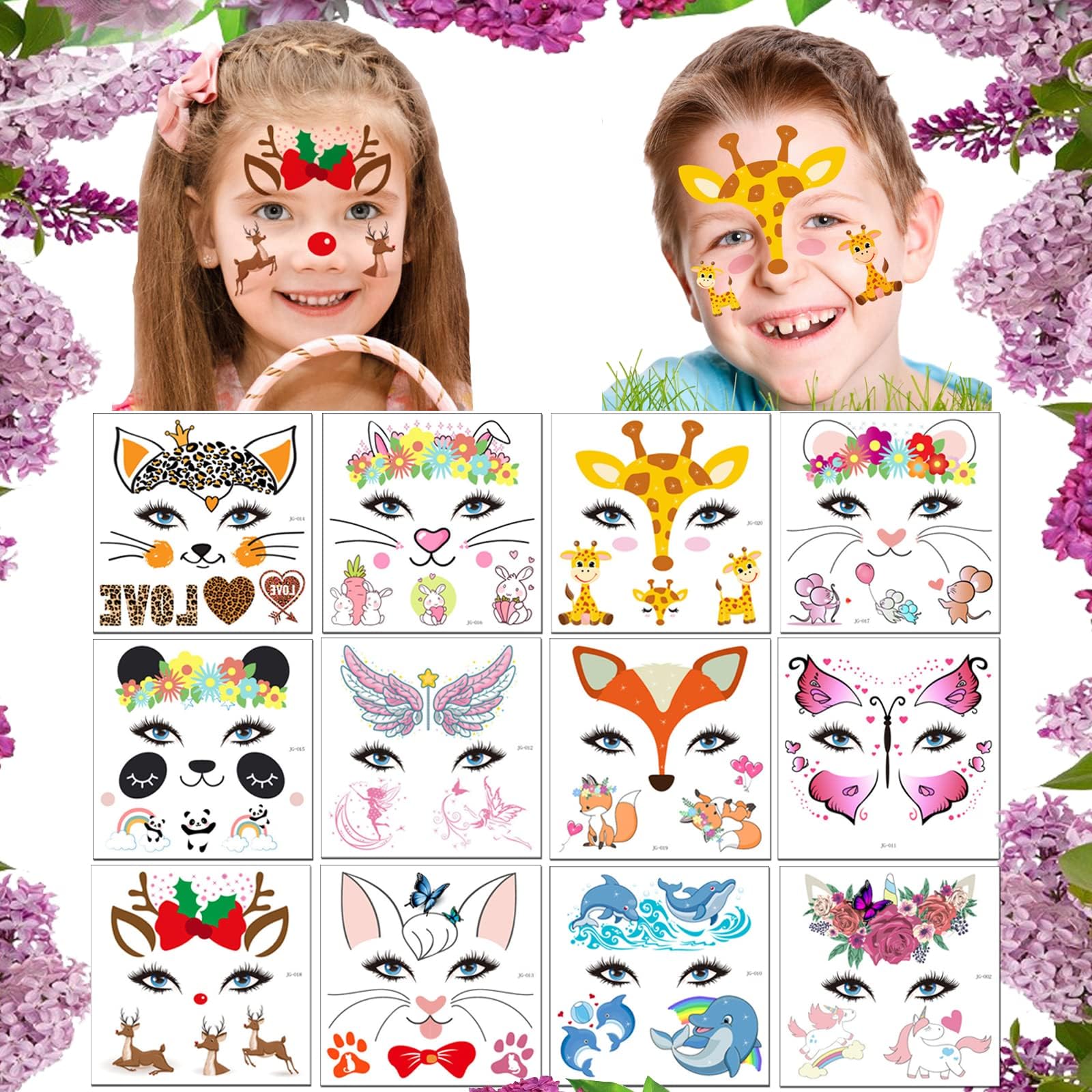Animal Face Tattoos Stickers Fake Temporary Tattoo 12 Sheets Water Transfer Birthday Party Supplies Festival Favors Makeup Skin Decor