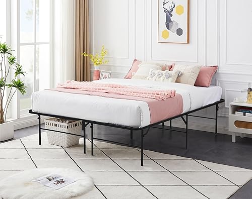 Base de cama plegable de tamaño matrimonial, base de cama de plataforma de metal negro, no necesita somier, base de cama de plataforma de tamaño