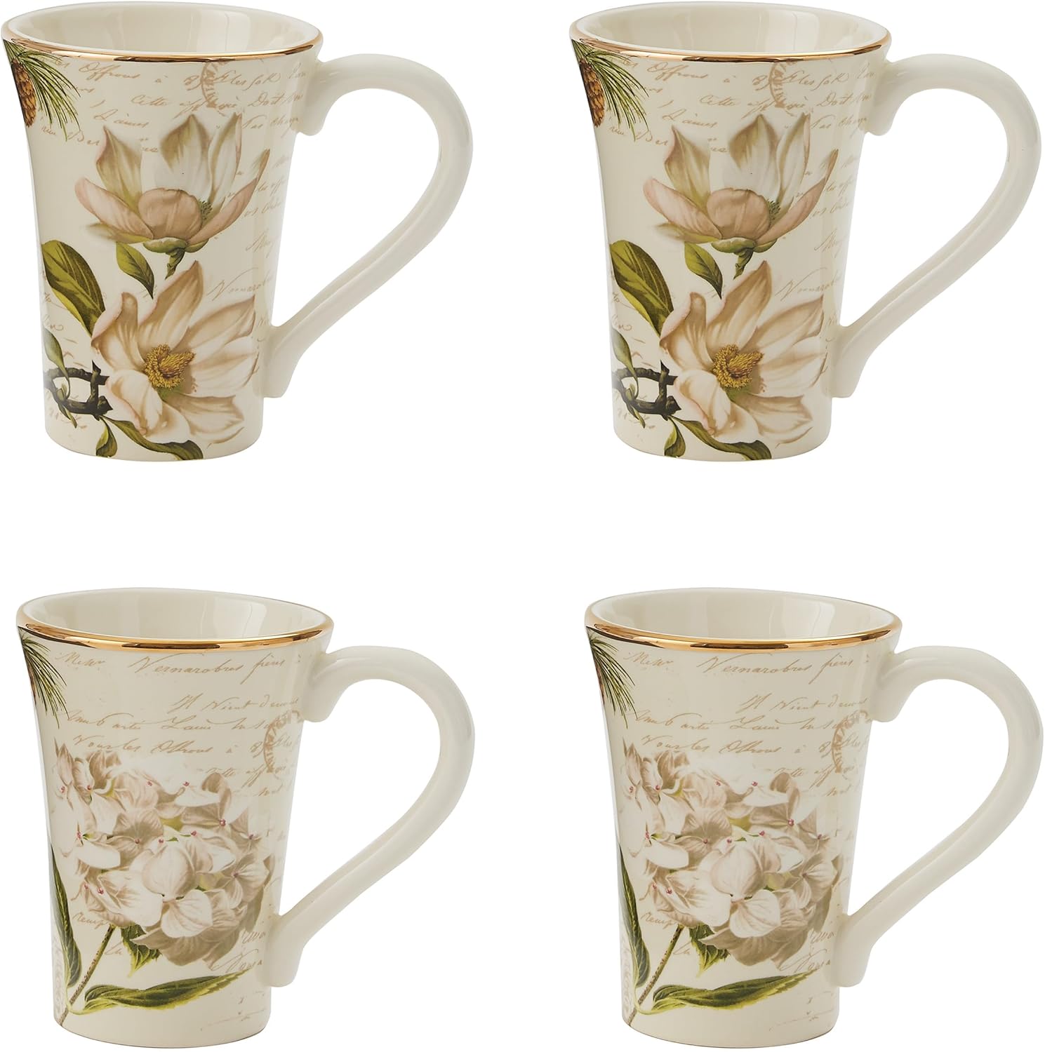Park Designs Wintertime Mug Set of 4 | White Botanical Christmas Coffee Mugs with Gold Rim | 16 oz Dolomite Drinkware | Elegant Winter Kitchen Decor for Tea, Cocoa & Seasonal Farmhouse Tabletop